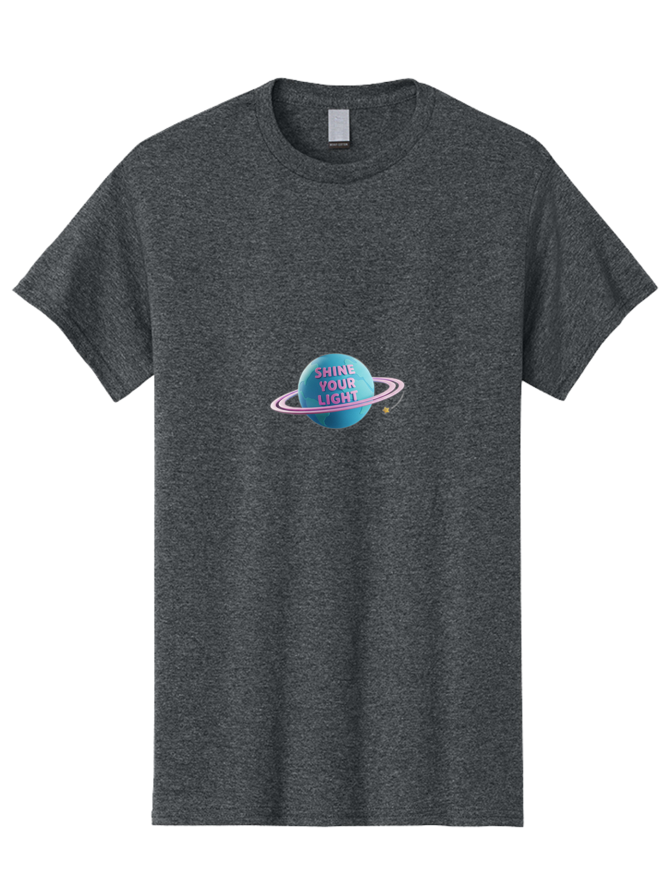 Shine-Your-Light-3 Men'S Graphic Tee, 100% Cotton, Comfortable Casual Summer Wear, Machine Washable, Blue Planet, Pink Ring, Shiny, Motivational Quote, Inspiring Words, Neon Light, Space Scene, Celestial Body, Shine Your Light Bae273