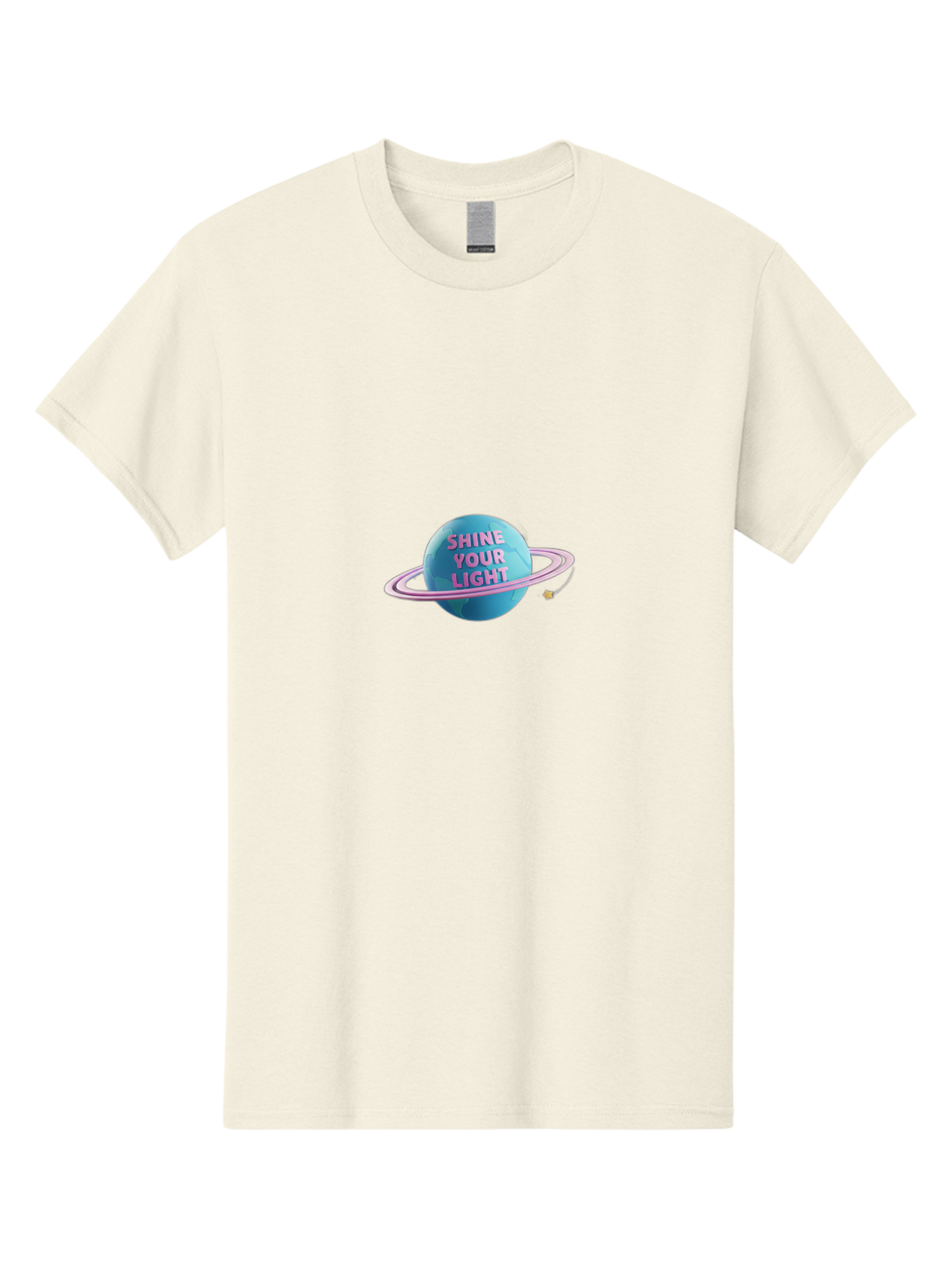 Shine-Your-Light-3 Men'S Graphic Tee, 100% Cotton, Comfortable Casual Summer Wear, Machine Washable, Blue Planet, Pink Ring, Shiny, Motivational Quote, Inspiring Words, Neon Light, Space Scene, Celestial Body, Shine Your Light Bae273