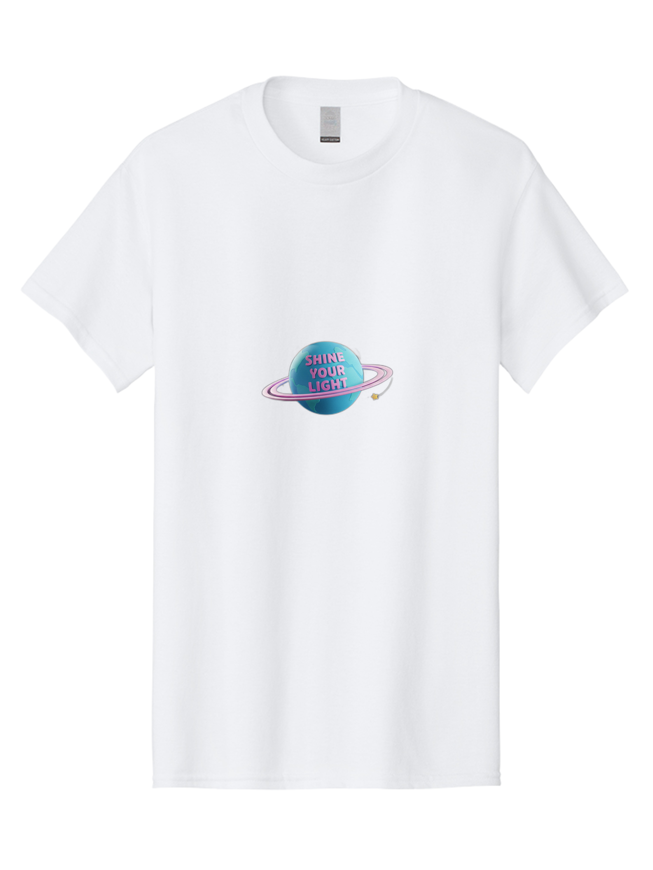 Shine-Your-Light-3 Men'S Graphic Tee, 100% Cotton, Comfortable Casual Summer Wear, Machine Washable, Blue Planet, Pink Ring, Shiny, Motivational Quote, Inspiring Words, Neon Light, Space Scene, Celestial Body, Shine Your Light Bae273