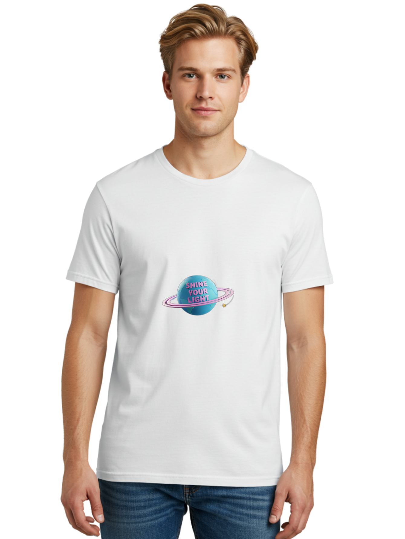 Shine-Your-Light-3 Men'S Graphic Tee, 100% Cotton, Comfortable Casual Summer Wear, Machine Washable, Blue Planet, Pink Ring, Shiny, Motivational Quote, Inspiring Words, Neon Light, Space Scene, Celestial Body, Shine Your Light Bae273
