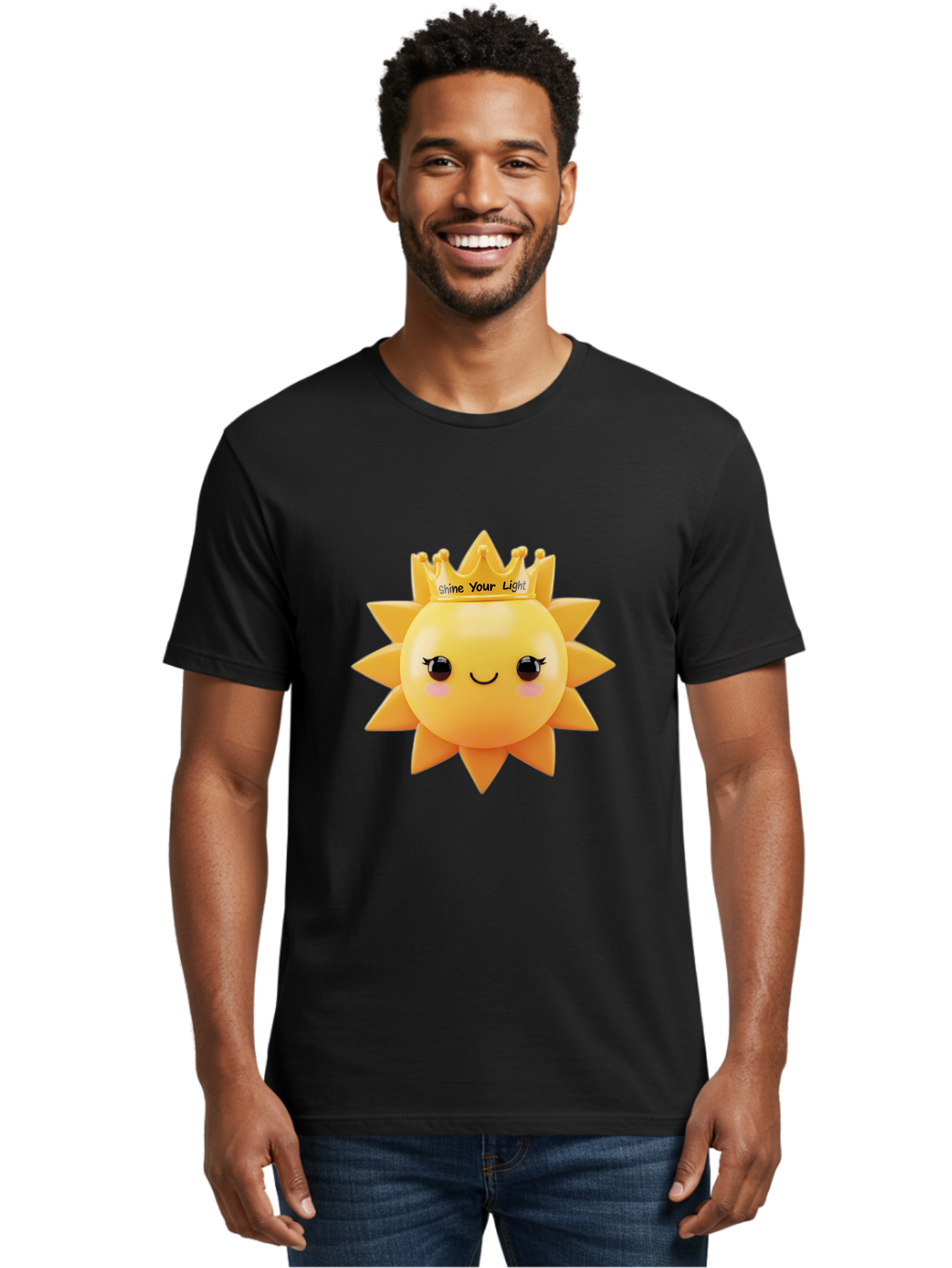 Shine-Your-Light-Sun Men'S Graphic Tee, 100% Cotton, Comfortable Casual Summer Wear, Machine Washable, Smiling Sun Figurine, Inspirational Quote, Motivational Message, Positive Affirmation, Shine Your Light, Cute Cartoon Character, Happy Face, Bae274