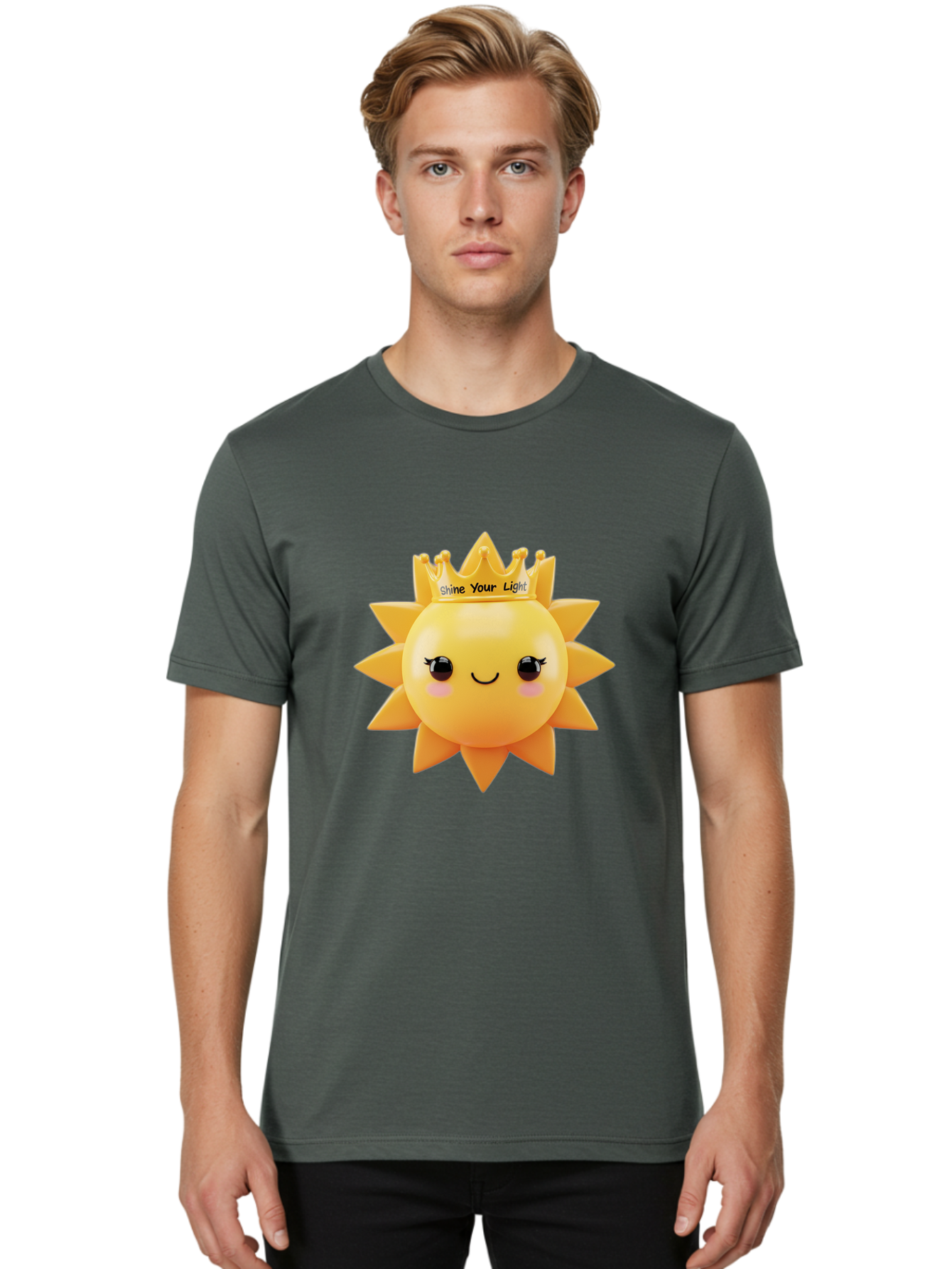 Shine-Your-Light-Sun Men'S Graphic Tee, 100% Cotton, Comfortable Casual Summer Wear, Machine Washable, Smiling Sun Figurine, Inspirational Quote, Motivational Message, Positive Affirmation, Shine Your Light, Cute Cartoon Character, Happy Face, Bae274
