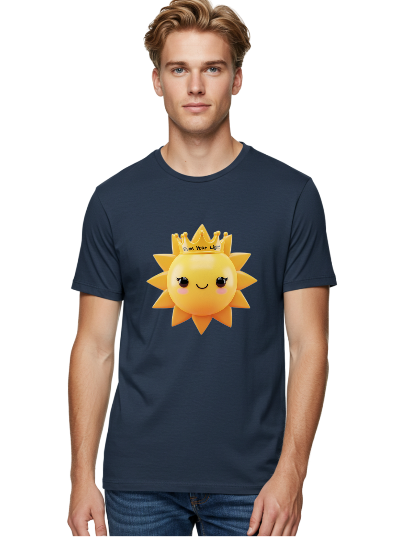 Shine-Your-Light-Sun Men'S Graphic Tee, 100% Cotton, Comfortable Casual Summer Wear, Machine Washable, Smiling Sun Figurine, Inspirational Quote, Motivational Message, Positive Affirmation, Shine Your Light, Cute Cartoon Character, Happy Face, Bae274