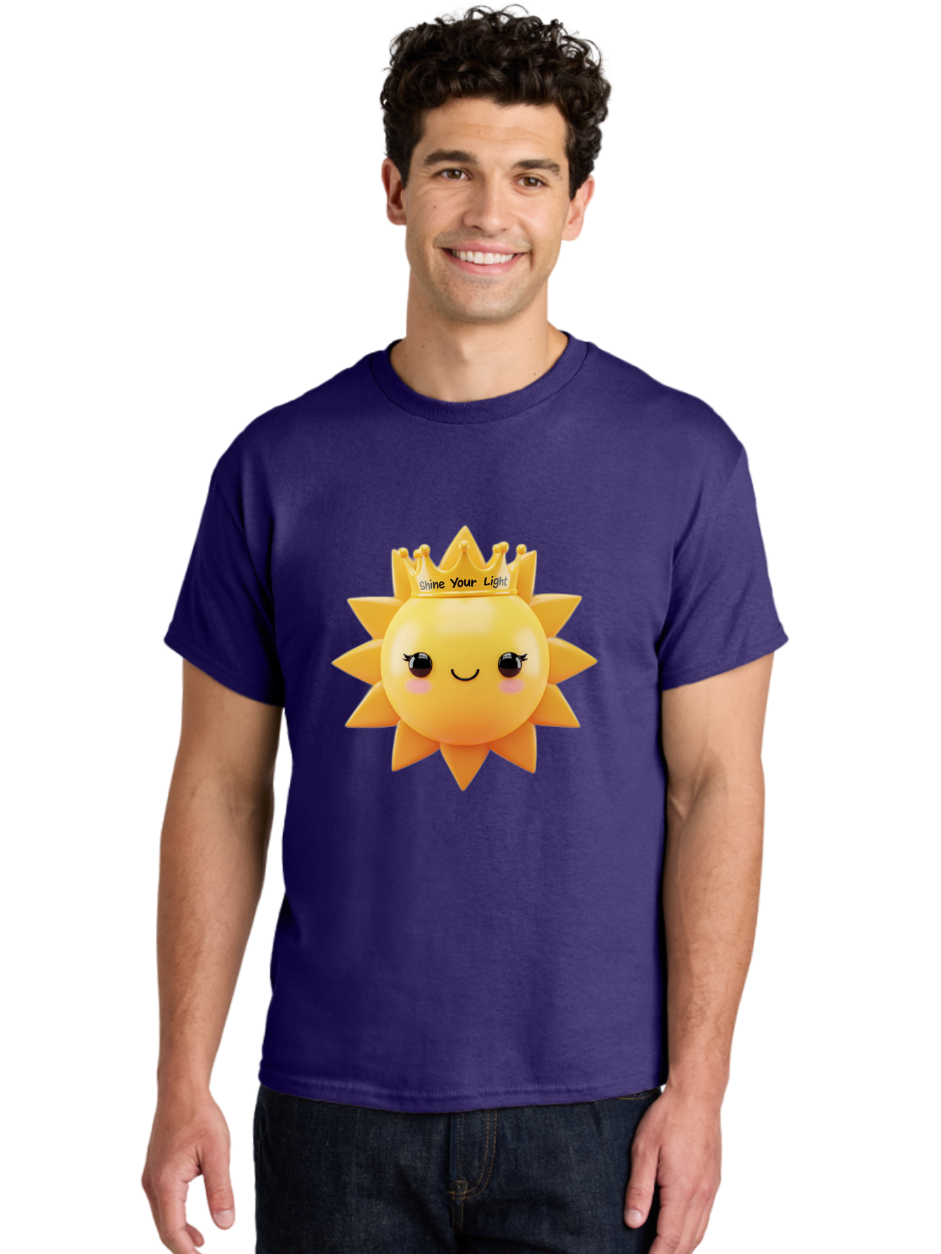 Shine-Your-Light-Sun Men'S Graphic Tee, 100% Cotton, Comfortable Casual Summer Wear, Machine Washable, Smiling Sun Figurine, Inspirational Quote, Motivational Message, Positive Affirmation, Shine Your Light, Cute Cartoon Character, Happy Face, Bae274