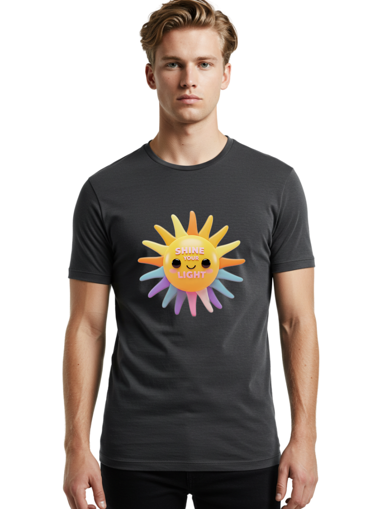 Shine-Your-Light Men'S Graphic Tee, 100% Cotton, Comfortable Casual Summer Wear, Machine Washable, Smiling Sun, Inspirational Quote, Multicolored Rays, Pink Text, Motivational Message, Happy Face, Pastel Colors, Positive Vibes Bae275