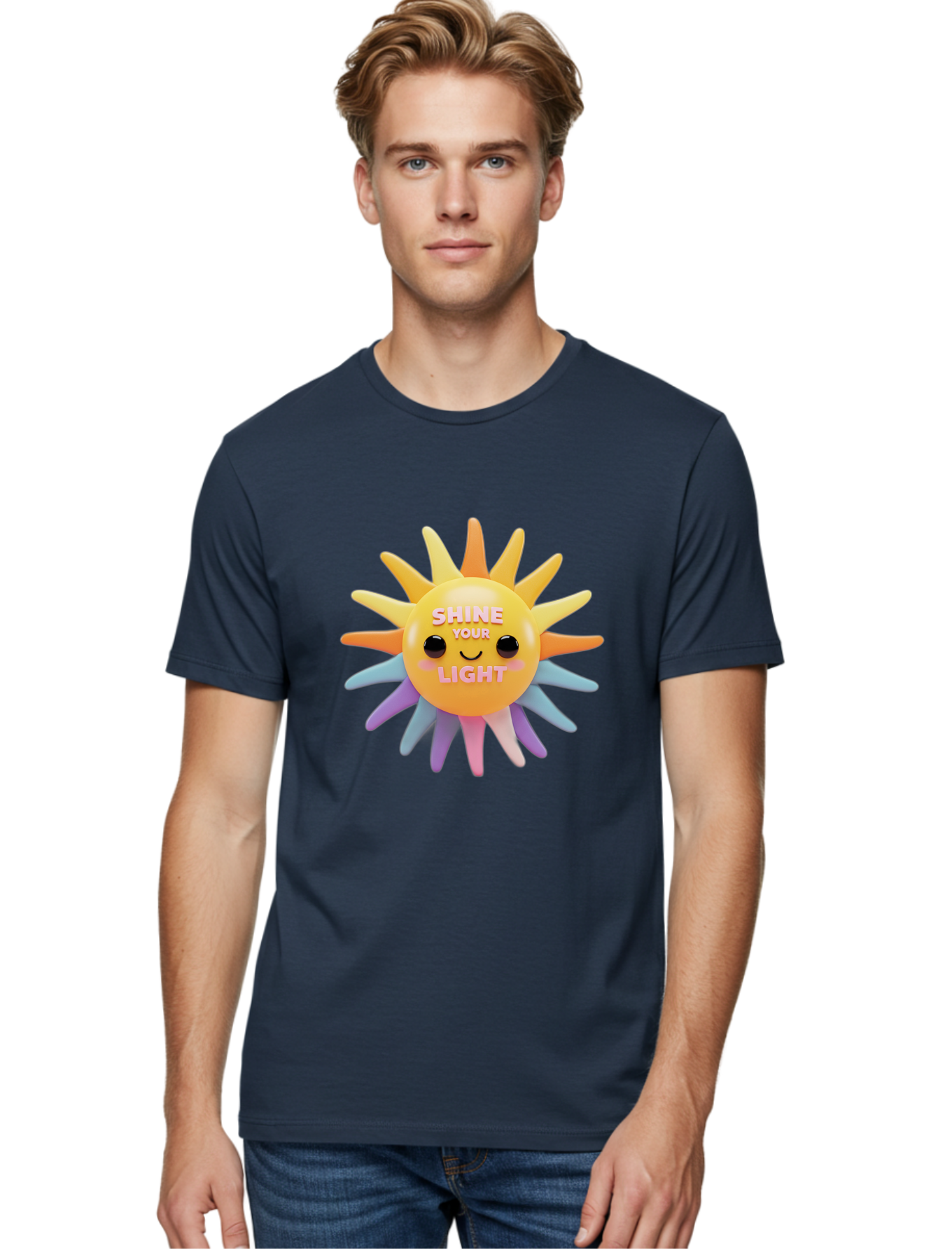Shine-Your-Light Men'S Graphic Tee, 100% Cotton, Comfortable Casual Summer Wear, Machine Washable, Smiling Sun, Inspirational Quote, Multicolored Rays, Pink Text, Motivational Message, Happy Face, Pastel Colors, Positive Vibes Bae275