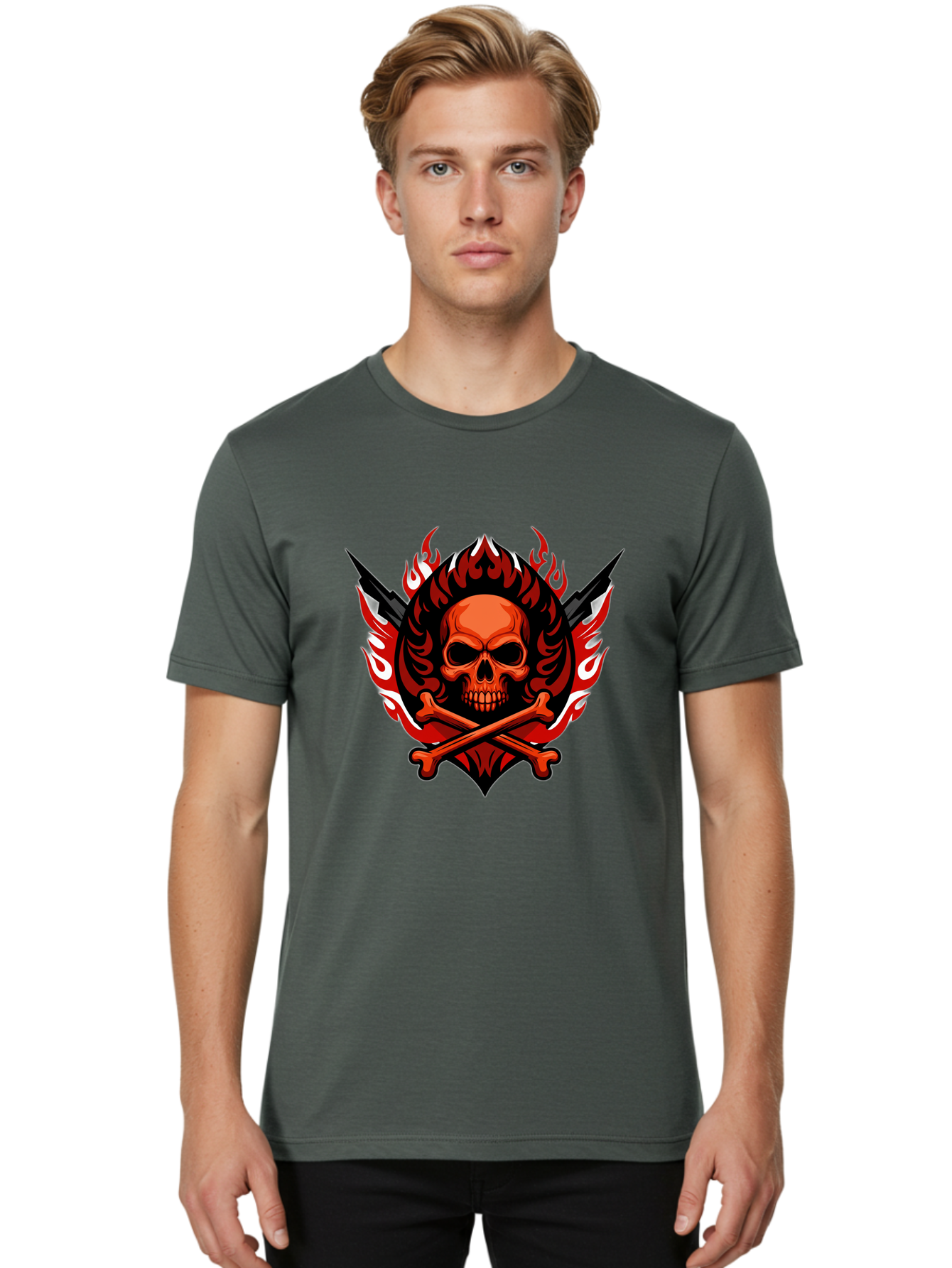 Skull-And-Crossbones-Jolly-Roger Men'S Graphic Tee, 100% Cotton, Comfortable Casual Summer Wear, Machine Washable, Skull And Crossbones, Fiery Design, Daggers, Skull Art, Crossbones Symbol, Bold Graphics, Edgy Style, Gothic Elements Bae277