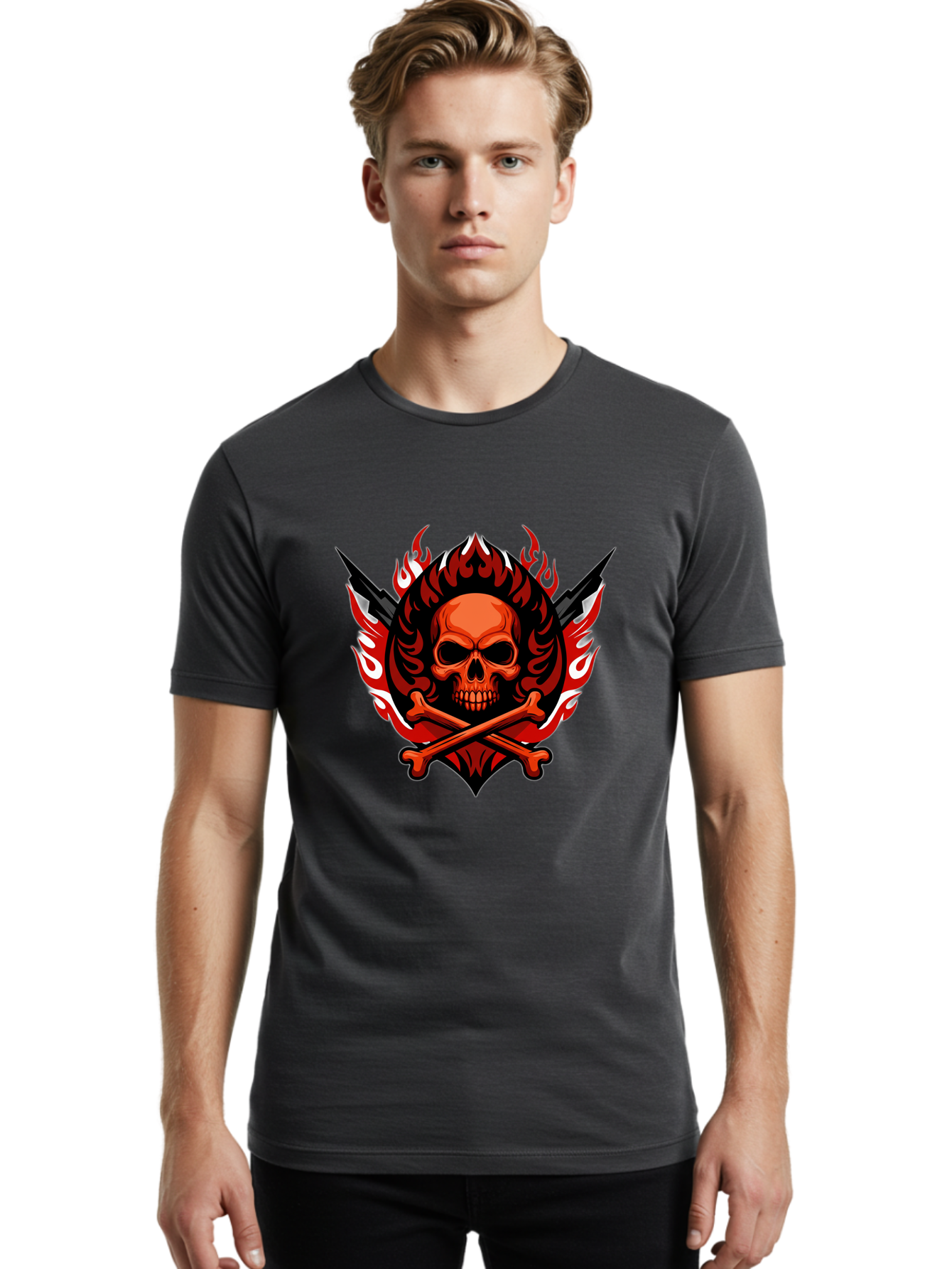 Skull-And-Crossbones-Jolly-Roger Men'S Graphic Tee, 100% Cotton, Comfortable Casual Summer Wear, Machine Washable, Skull And Crossbones, Fiery Design, Daggers, Skull Art, Crossbones Symbol, Bold Graphics, Edgy Style, Gothic Elements Bae277