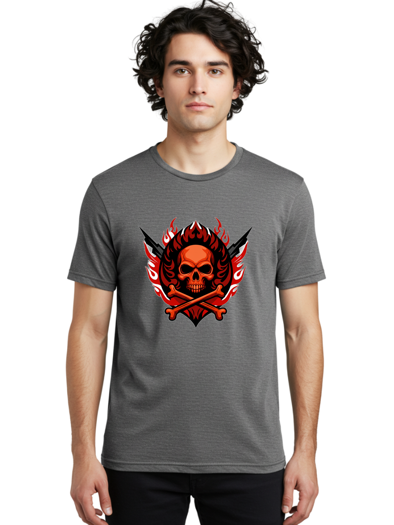 Skull-And-Crossbones-Jolly-Roger Men'S Graphic Tee, 100% Cotton, Comfortable Casual Summer Wear, Machine Washable, Skull And Crossbones, Fiery Design, Daggers, Skull Art, Crossbones Symbol, Bold Graphics, Edgy Style, Gothic Elements Bae277