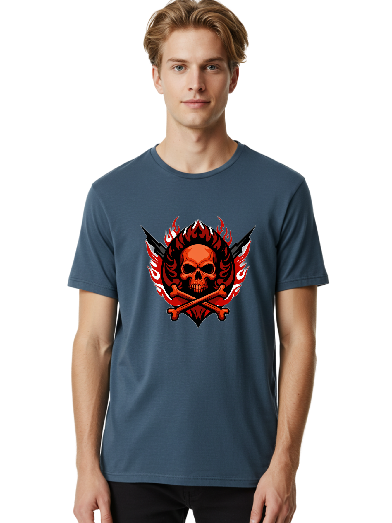 Skull-And-Crossbones-Jolly-Roger Men'S Graphic Tee, 100% Cotton, Comfortable Casual Summer Wear, Machine Washable, Skull And Crossbones, Fiery Design, Daggers, Skull Art, Crossbones Symbol, Bold Graphics, Edgy Style, Gothic Elements Bae277
