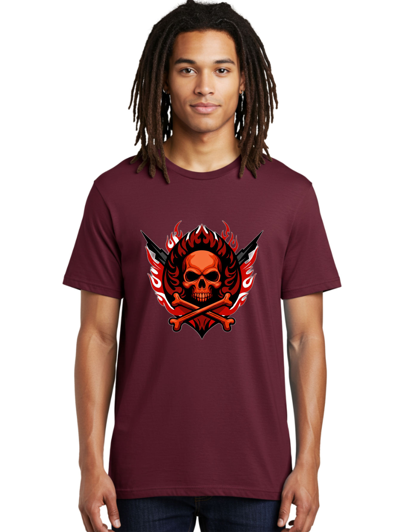 Skull-And-Crossbones-Jolly-Roger Men'S Graphic Tee, 100% Cotton, Comfortable Casual Summer Wear, Machine Washable, Skull And Crossbones, Fiery Design, Daggers, Skull Art, Crossbones Symbol, Bold Graphics, Edgy Style, Gothic Elements Bae277