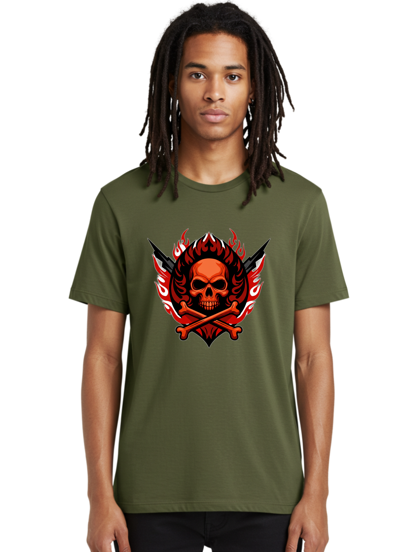 Skull-And-Crossbones-Jolly-Roger Men'S Graphic Tee, 100% Cotton, Comfortable Casual Summer Wear, Machine Washable, Skull And Crossbones, Fiery Design, Daggers, Skull Art, Crossbones Symbol, Bold Graphics, Edgy Style, Gothic Elements Bae277