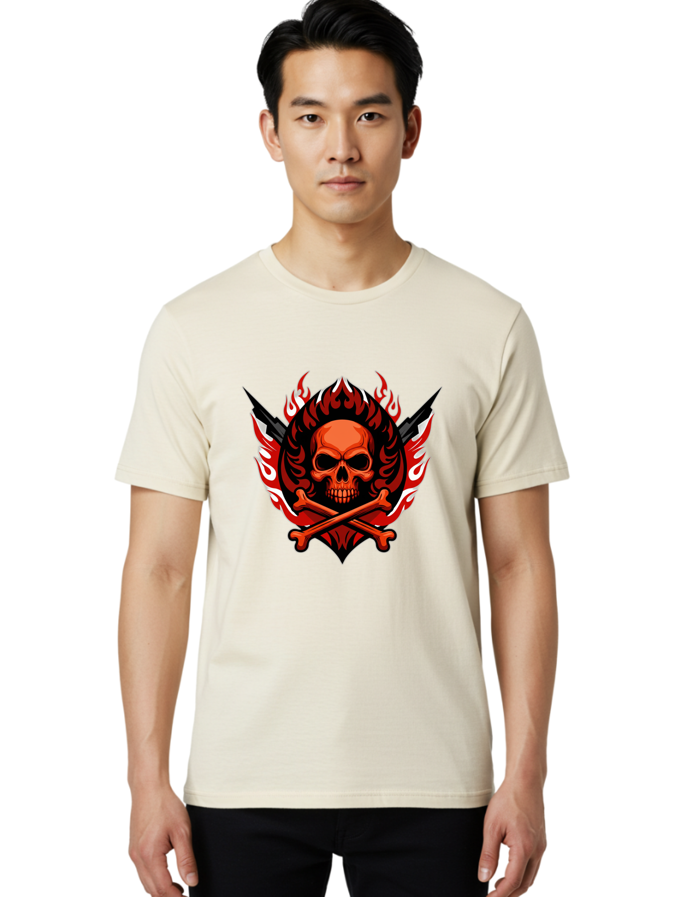 Skull-And-Crossbones-Jolly-Roger Men'S Graphic Tee, 100% Cotton, Comfortable Casual Summer Wear, Machine Washable, Skull And Crossbones, Fiery Design, Daggers, Skull Art, Crossbones Symbol, Bold Graphics, Edgy Style, Gothic Elements Bae277