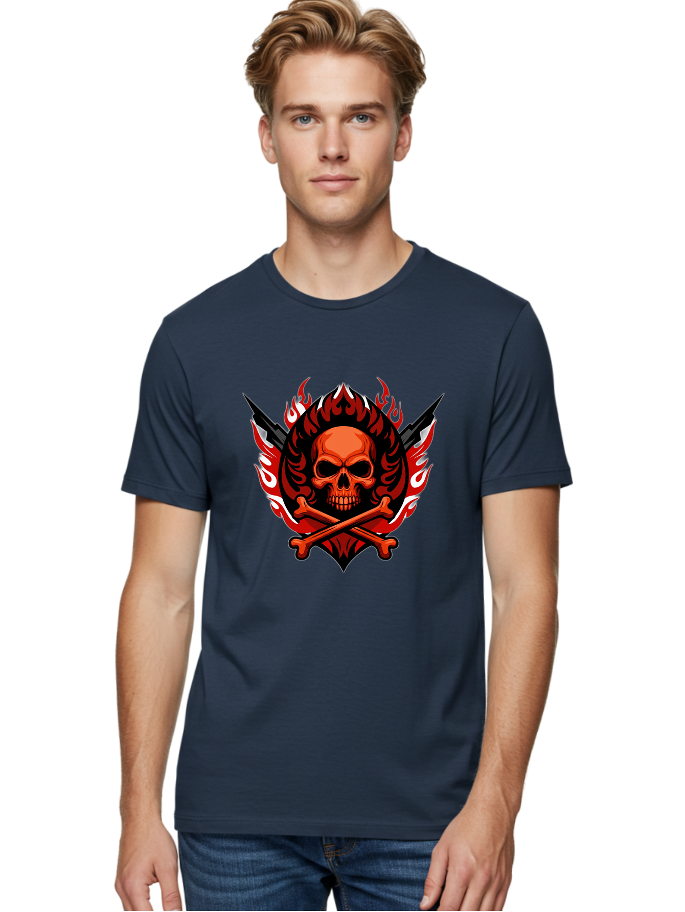 Skull-And-Crossbones-Jolly-Roger Men'S Graphic Tee, 100% Cotton, Comfortable Casual Summer Wear, Machine Washable, Skull And Crossbones, Fiery Design, Daggers, Skull Art, Crossbones Symbol, Bold Graphics, Edgy Style, Gothic Elements Bae277