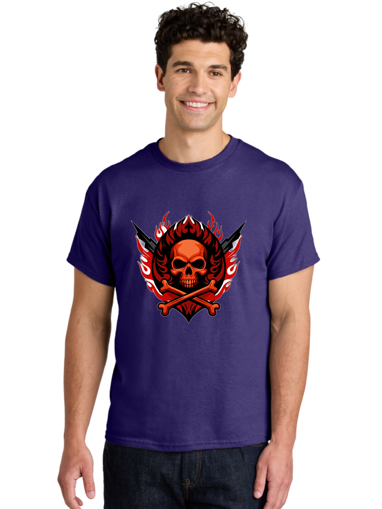 Skull-And-Crossbones-Jolly-Roger Men'S Graphic Tee, 100% Cotton, Comfortable Casual Summer Wear, Machine Washable, Skull And Crossbones, Fiery Design, Daggers, Skull Art, Crossbones Symbol, Bold Graphics, Edgy Style, Gothic Elements Bae277