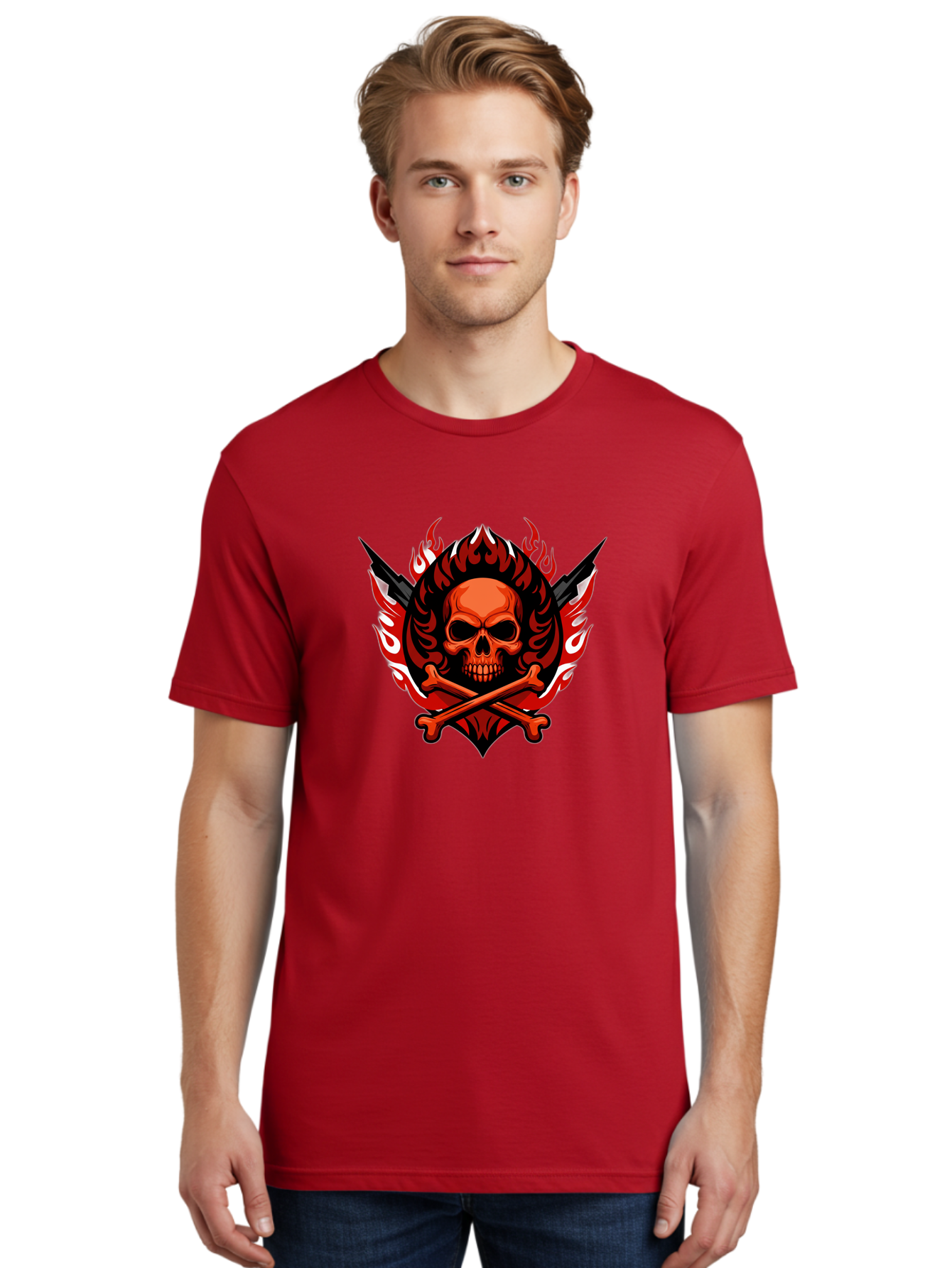 Skull-And-Crossbones-Jolly-Roger Men'S Graphic Tee, 100% Cotton, Comfortable Casual Summer Wear, Machine Washable, Skull And Crossbones, Fiery Design, Daggers, Skull Art, Crossbones Symbol, Bold Graphics, Edgy Style, Gothic Elements Bae277
