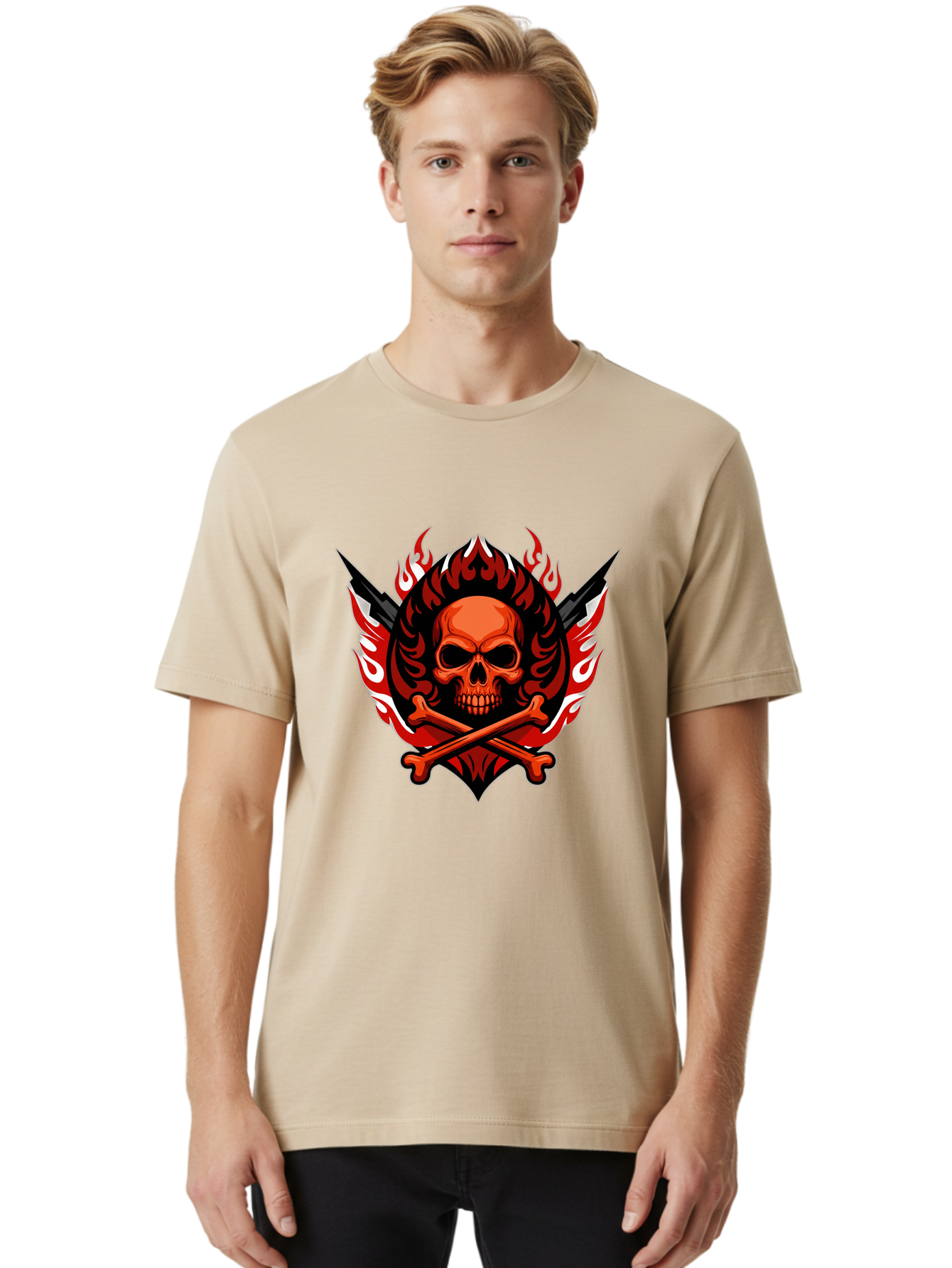 Skull-And-Crossbones-Jolly-Roger Men'S Graphic Tee, 100% Cotton, Comfortable Casual Summer Wear, Machine Washable, Skull And Crossbones, Fiery Design, Daggers, Skull Art, Crossbones Symbol, Bold Graphics, Edgy Style, Gothic Elements Bae277