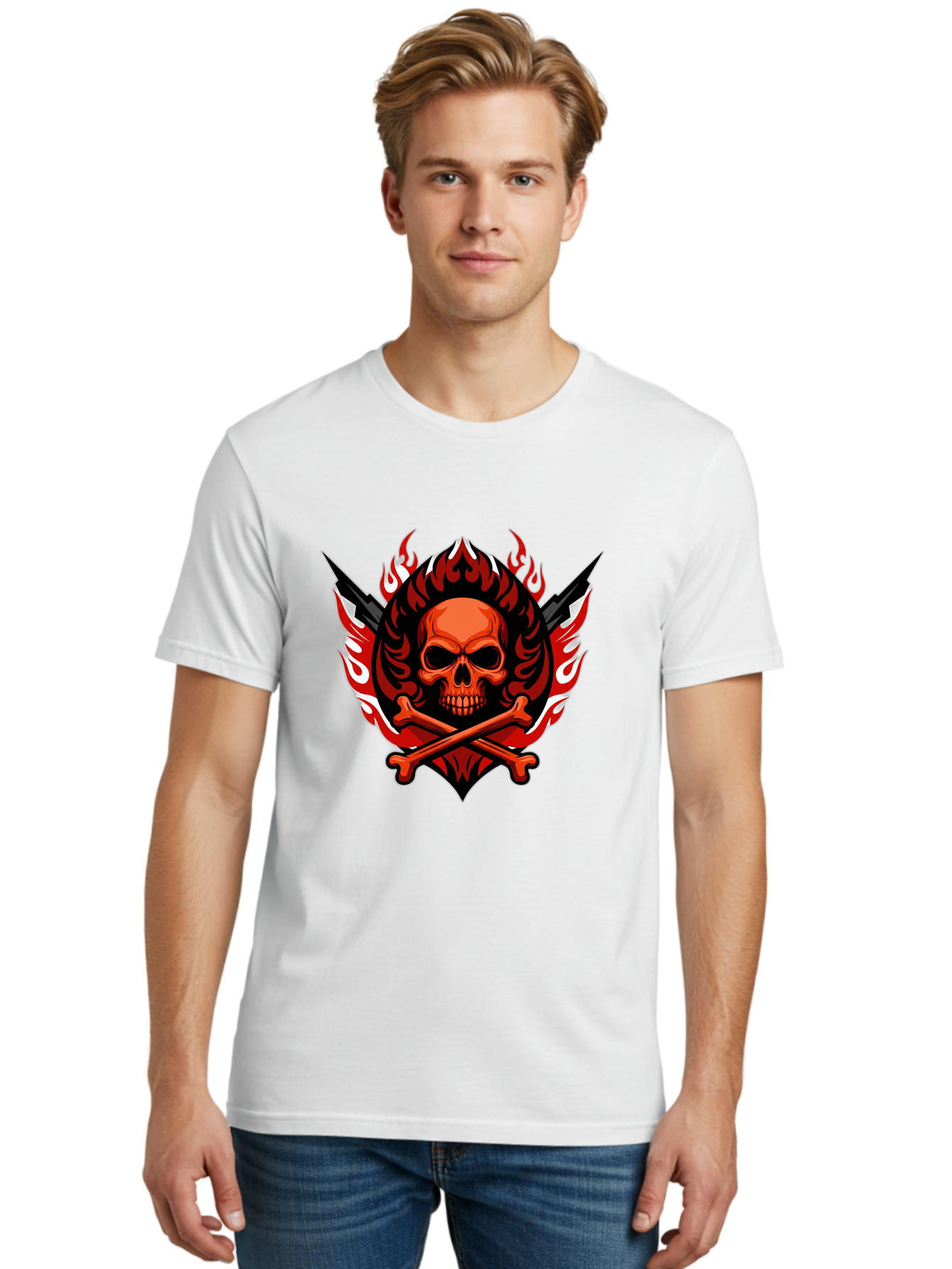Skull-And-Crossbones-Jolly-Roger Men'S Graphic Tee, 100% Cotton, Comfortable Casual Summer Wear, Machine Washable, Skull And Crossbones, Fiery Design, Daggers, Skull Art, Crossbones Symbol, Bold Graphics, Edgy Style, Gothic Elements Bae277