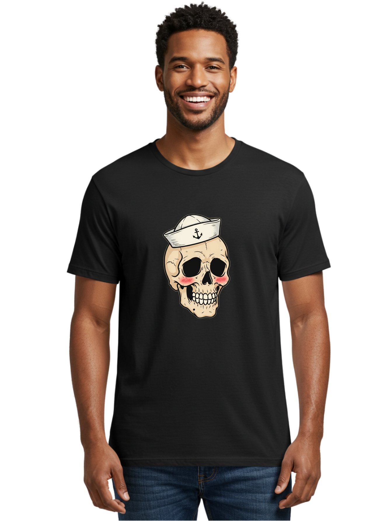 Skull-Sailor Men'S Graphic Tee, 100% Cotton, Comfortable Casual Summer Wear, Machine Washable, Skull Wearing Sailor Hat, Anchor Emblem, Cartoonish Grinning Skull, Nautical Theme, Kawaii Skull, Sailor Skull, Mermaid Skull, Skeleton Face, Bae278