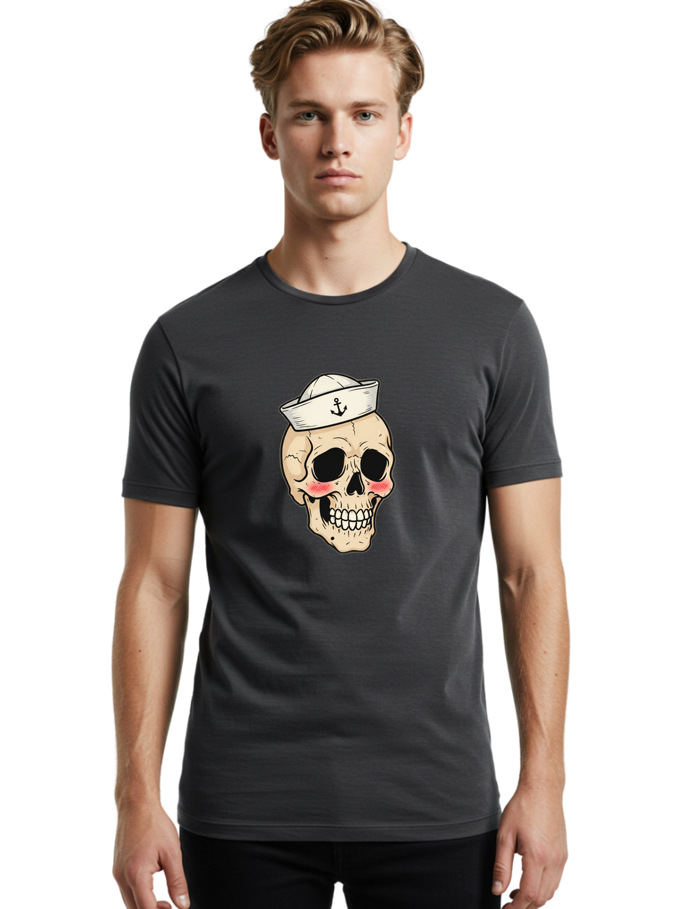Skull-Sailor Men'S Graphic Tee, 100% Cotton, Comfortable Casual Summer Wear, Machine Washable, Skull Wearing Sailor Hat, Anchor Emblem, Cartoonish Grinning Skull, Nautical Theme, Kawaii Skull, Sailor Skull, Mermaid Skull, Skeleton Face, Bae278