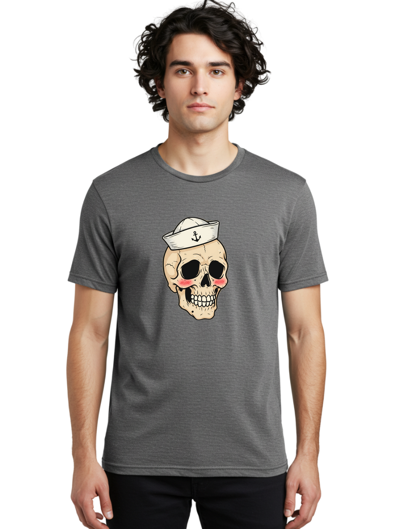 Skull-Sailor Men'S Graphic Tee, 100% Cotton, Comfortable Casual Summer Wear, Machine Washable, Skull Wearing Sailor Hat, Anchor Emblem, Cartoonish Grinning Skull, Nautical Theme, Kawaii Skull, Sailor Skull, Mermaid Skull, Skeleton Face, Bae278
