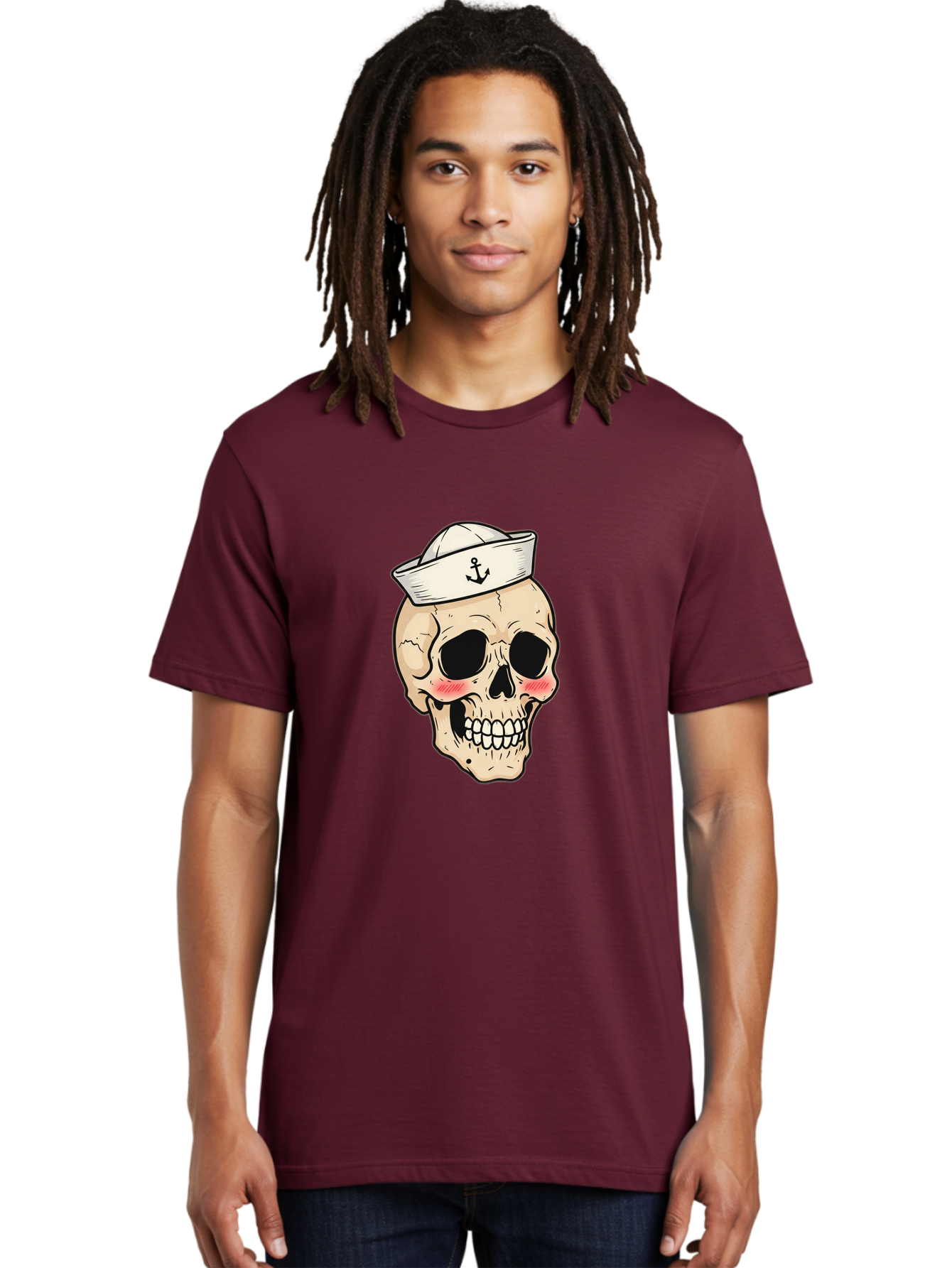 Skull-Sailor Men'S Graphic Tee, 100% Cotton, Comfortable Casual Summer Wear, Machine Washable, Skull Wearing Sailor Hat, Anchor Emblem, Cartoonish Grinning Skull, Nautical Theme, Kawaii Skull, Sailor Skull, Mermaid Skull, Skeleton Face, Bae278