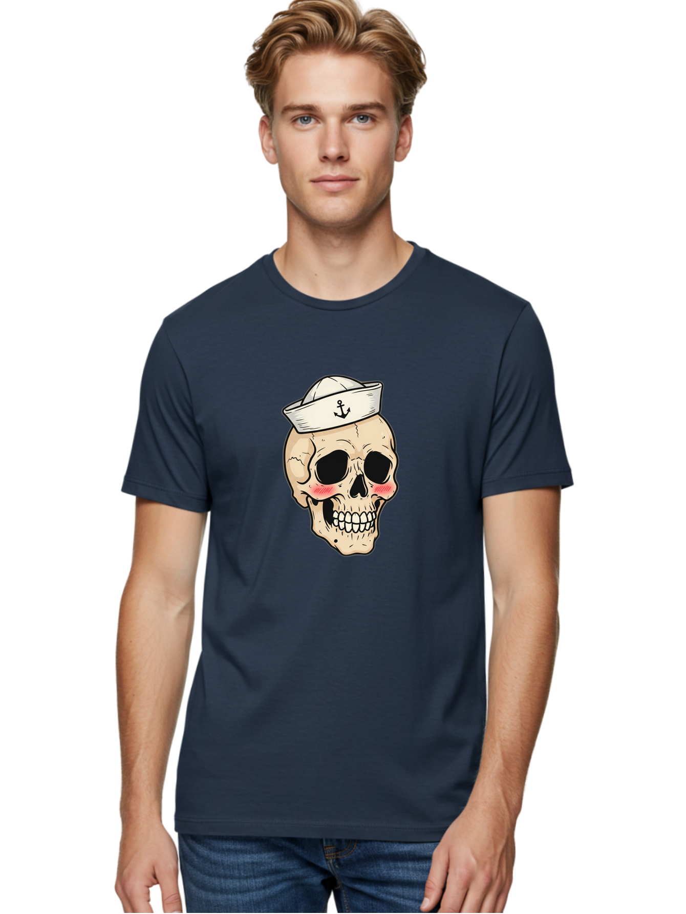 Skull-Sailor Men'S Graphic Tee, 100% Cotton, Comfortable Casual Summer Wear, Machine Washable, Skull Wearing Sailor Hat, Anchor Emblem, Cartoonish Grinning Skull, Nautical Theme, Kawaii Skull, Sailor Skull, Mermaid Skull, Skeleton Face, Bae278