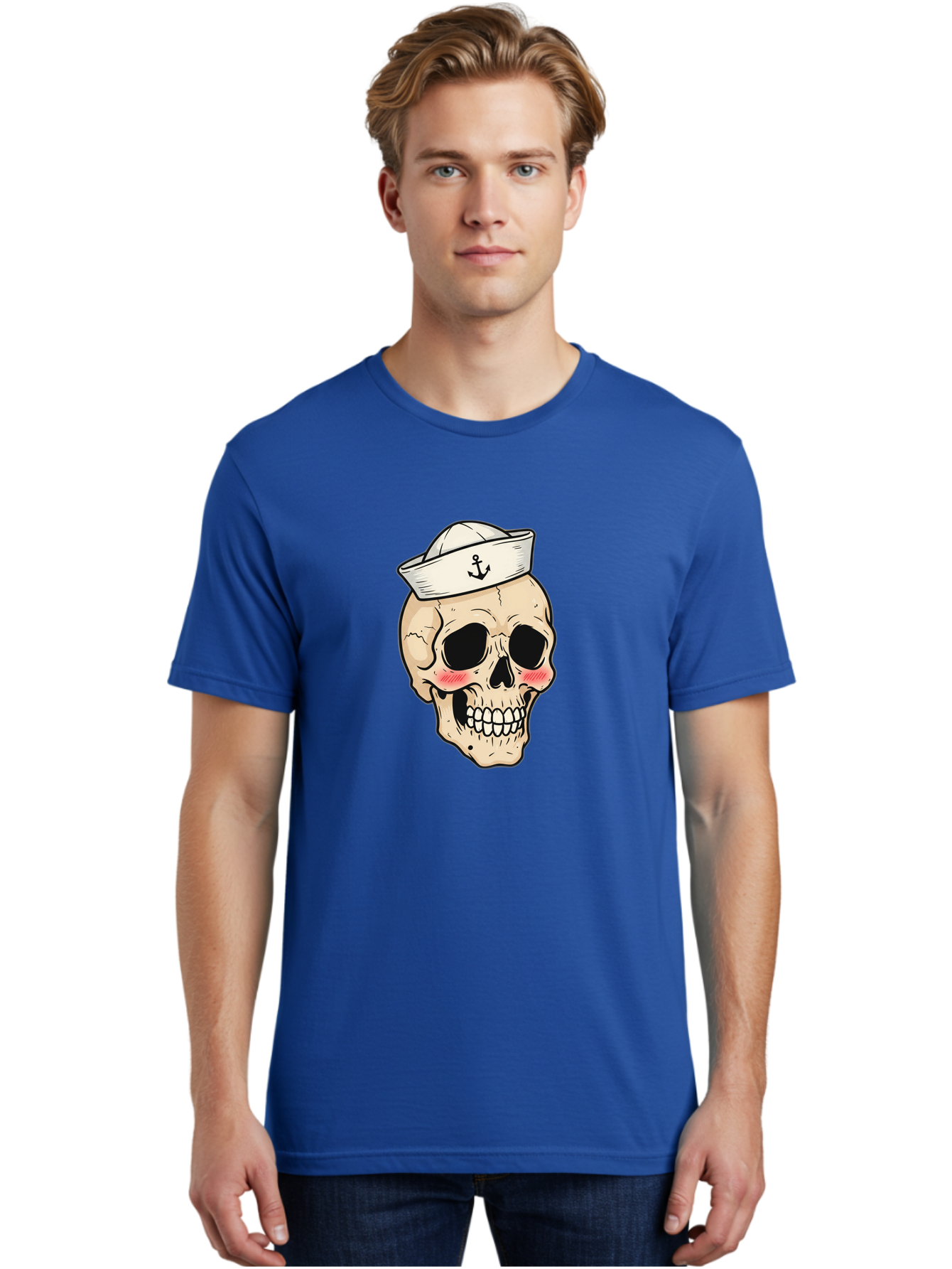 Skull-Sailor Men'S Graphic Tee, 100% Cotton, Comfortable Casual Summer Wear, Machine Washable, Skull Wearing Sailor Hat, Anchor Emblem, Cartoonish Grinning Skull, Nautical Theme, Kawaii Skull, Sailor Skull, Mermaid Skull, Skeleton Face, Bae278