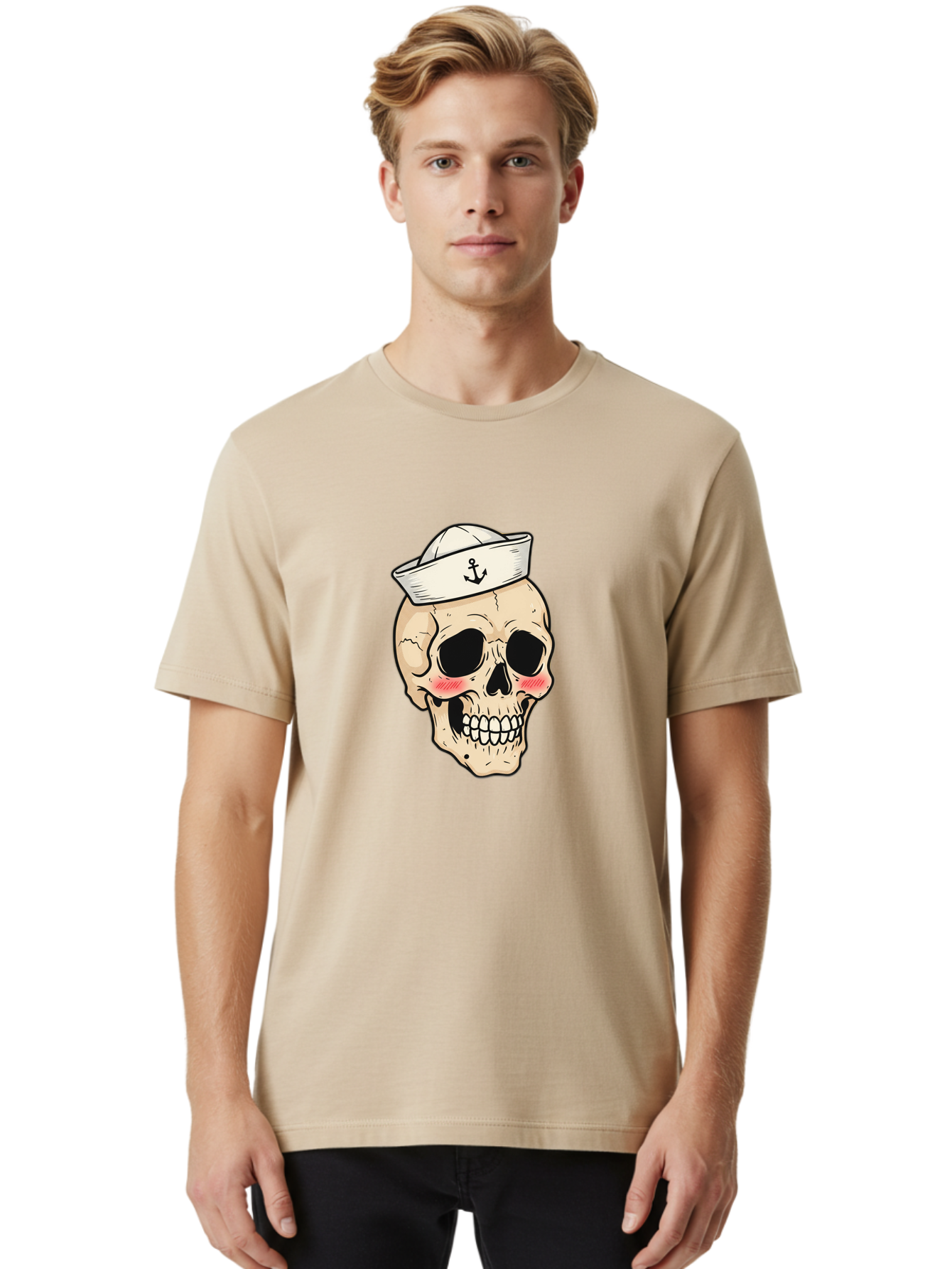 Skull-Sailor Men'S Graphic Tee, 100% Cotton, Comfortable Casual Summer Wear, Machine Washable, Skull Wearing Sailor Hat, Anchor Emblem, Cartoonish Grinning Skull, Nautical Theme, Kawaii Skull, Sailor Skull, Mermaid Skull, Skeleton Face, Bae278