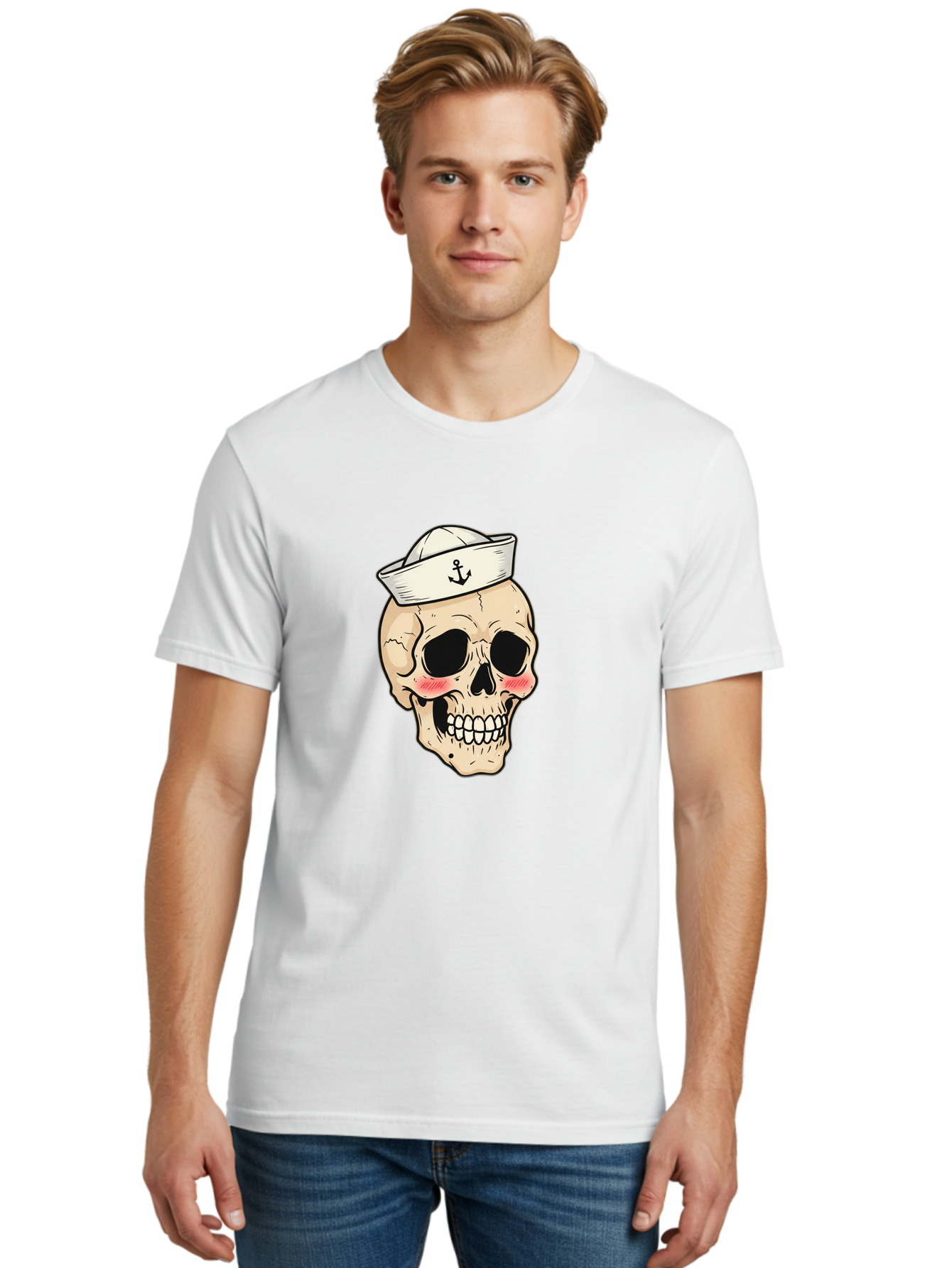 Skull-Sailor Men'S Graphic Tee, 100% Cotton, Comfortable Casual Summer Wear, Machine Washable, Skull Wearing Sailor Hat, Anchor Emblem, Cartoonish Grinning Skull, Nautical Theme, Kawaii Skull, Sailor Skull, Mermaid Skull, Skeleton Face, Bae278