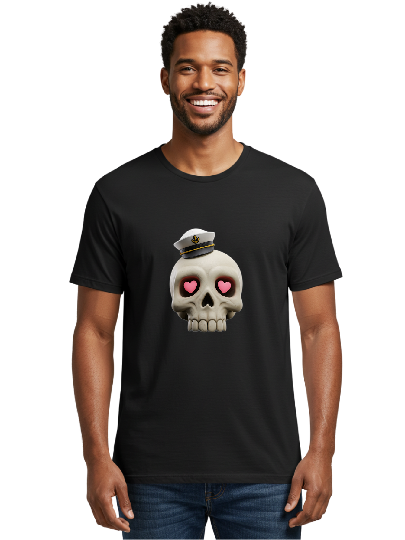 Skull-With-Captain-Hat Men'S Graphic Tee, 100% Cotton, Comfortable Casual Summer Wear, Machine Washable, Skull With Captain Hat, Heart Eyes, Nautical Theme, Halloween, Sugar Skull, Love, Pirate, Skull Art, Gothic, Skull Design Bae279