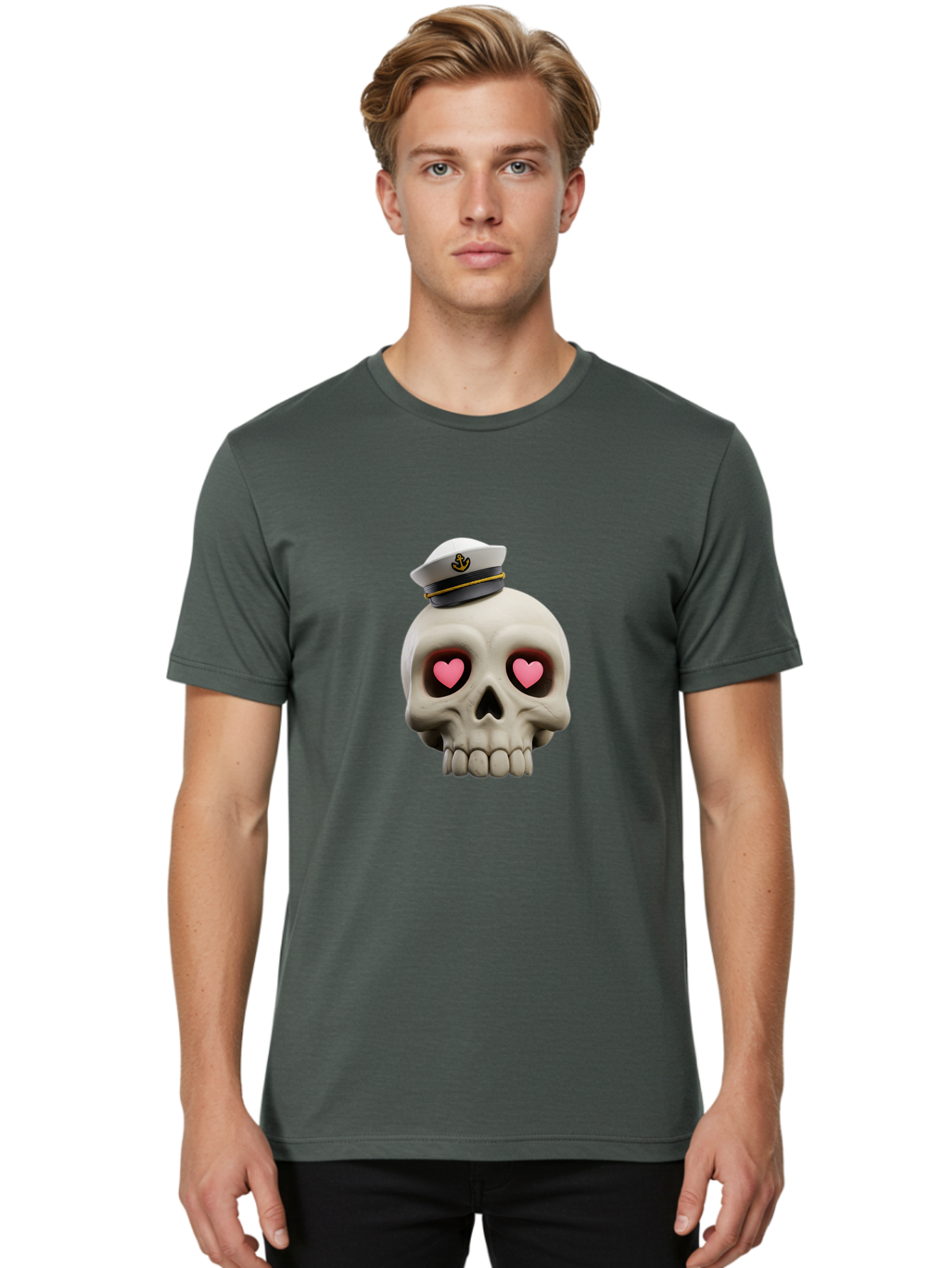 Skull-With-Captain-Hat Men'S Graphic Tee, 100% Cotton, Comfortable Casual Summer Wear, Machine Washable, Skull With Captain Hat, Heart Eyes, Nautical Theme, Halloween, Sugar Skull, Love, Pirate, Skull Art, Gothic, Skull Design Bae279