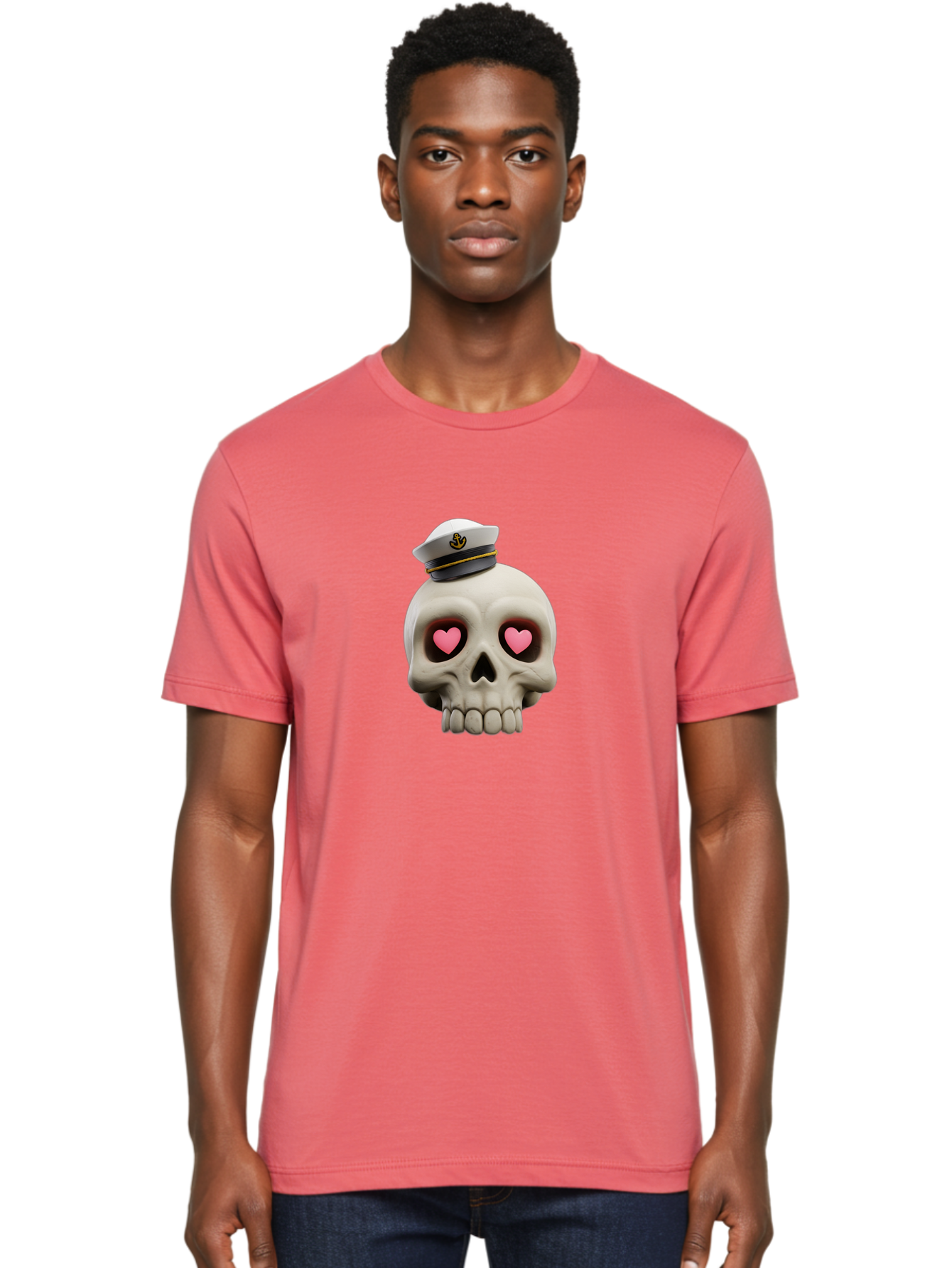 Skull-With-Captain-Hat Men'S Graphic Tee, 100% Cotton, Comfortable Casual Summer Wear, Machine Washable, Skull With Captain Hat, Heart Eyes, Nautical Theme, Halloween, Sugar Skull, Love, Pirate, Skull Art, Gothic, Skull Design Bae279