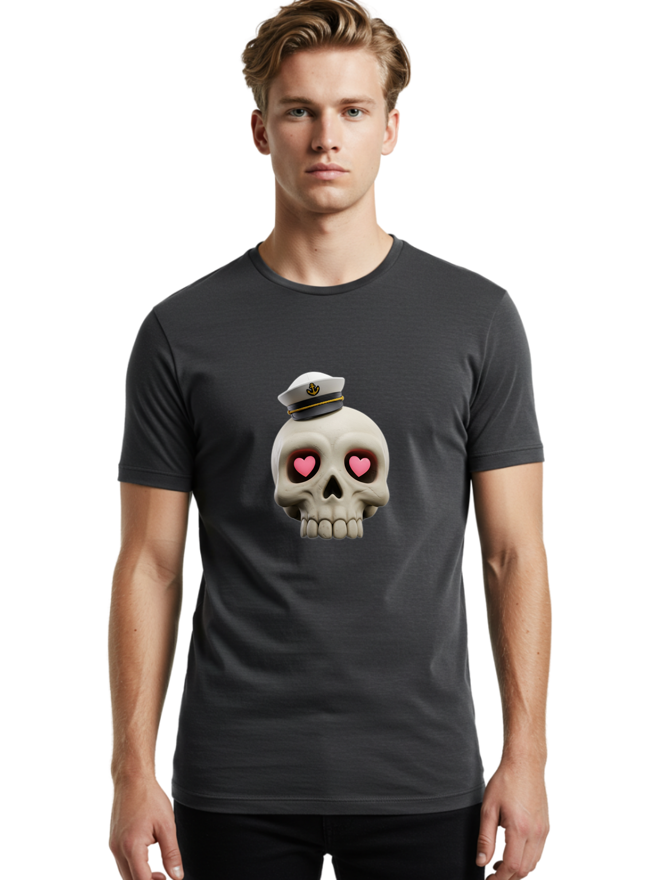 Skull-With-Captain-Hat Men'S Graphic Tee, 100% Cotton, Comfortable Casual Summer Wear, Machine Washable, Skull With Captain Hat, Heart Eyes, Nautical Theme, Halloween, Sugar Skull, Love, Pirate, Skull Art, Gothic, Skull Design Bae279