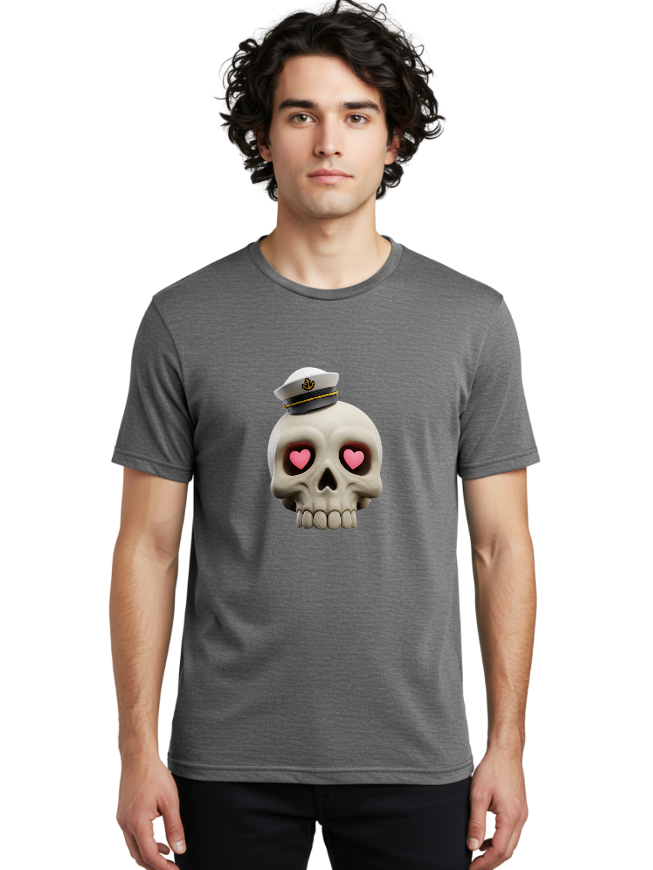 Skull-With-Captain-Hat Men'S Graphic Tee, 100% Cotton, Comfortable Casual Summer Wear, Machine Washable, Skull With Captain Hat, Heart Eyes, Nautical Theme, Halloween, Sugar Skull, Love, Pirate, Skull Art, Gothic, Skull Design Bae279