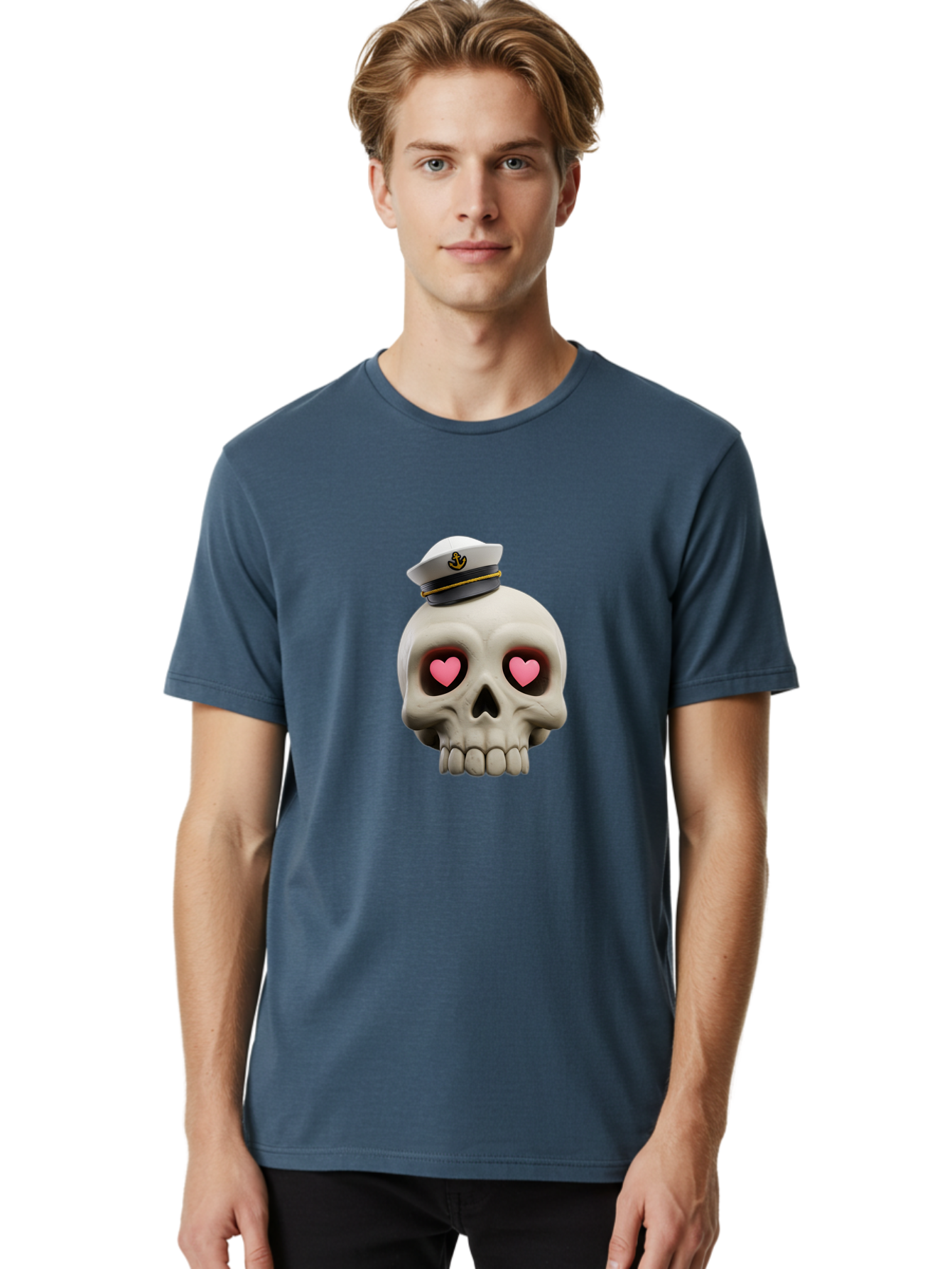 Skull-With-Captain-Hat Men'S Graphic Tee, 100% Cotton, Comfortable Casual Summer Wear, Machine Washable, Skull With Captain Hat, Heart Eyes, Nautical Theme, Halloween, Sugar Skull, Love, Pirate, Skull Art, Gothic, Skull Design Bae279