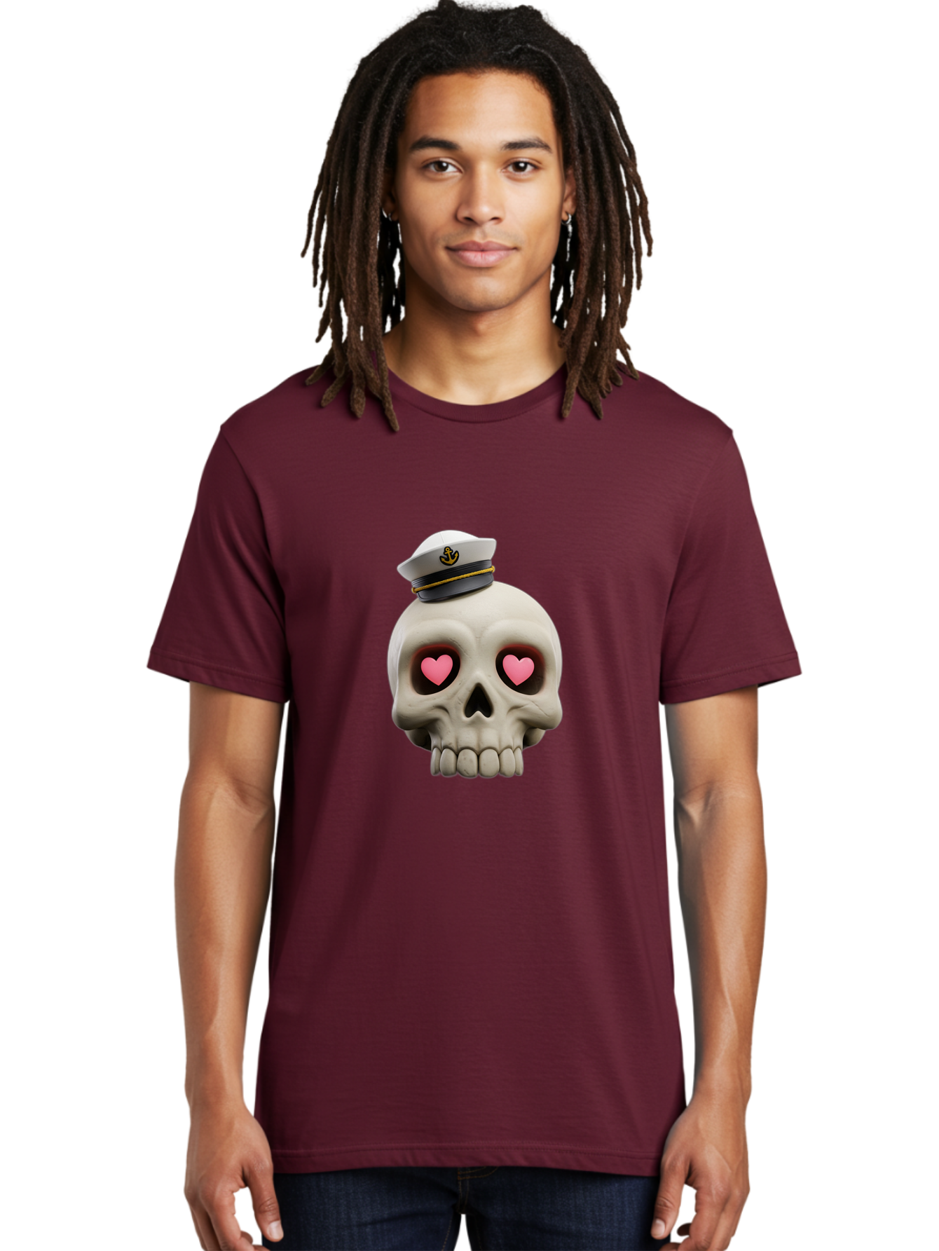 Skull-With-Captain-Hat Men'S Graphic Tee, 100% Cotton, Comfortable Casual Summer Wear, Machine Washable, Skull With Captain Hat, Heart Eyes, Nautical Theme, Halloween, Sugar Skull, Love, Pirate, Skull Art, Gothic, Skull Design Bae279