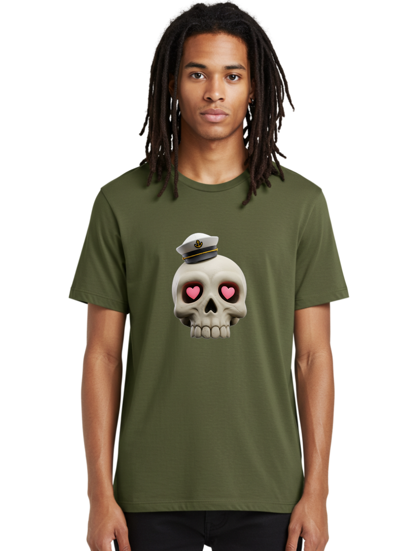 Skull-With-Captain-Hat Men'S Graphic Tee, 100% Cotton, Comfortable Casual Summer Wear, Machine Washable, Skull With Captain Hat, Heart Eyes, Nautical Theme, Halloween, Sugar Skull, Love, Pirate, Skull Art, Gothic, Skull Design Bae279