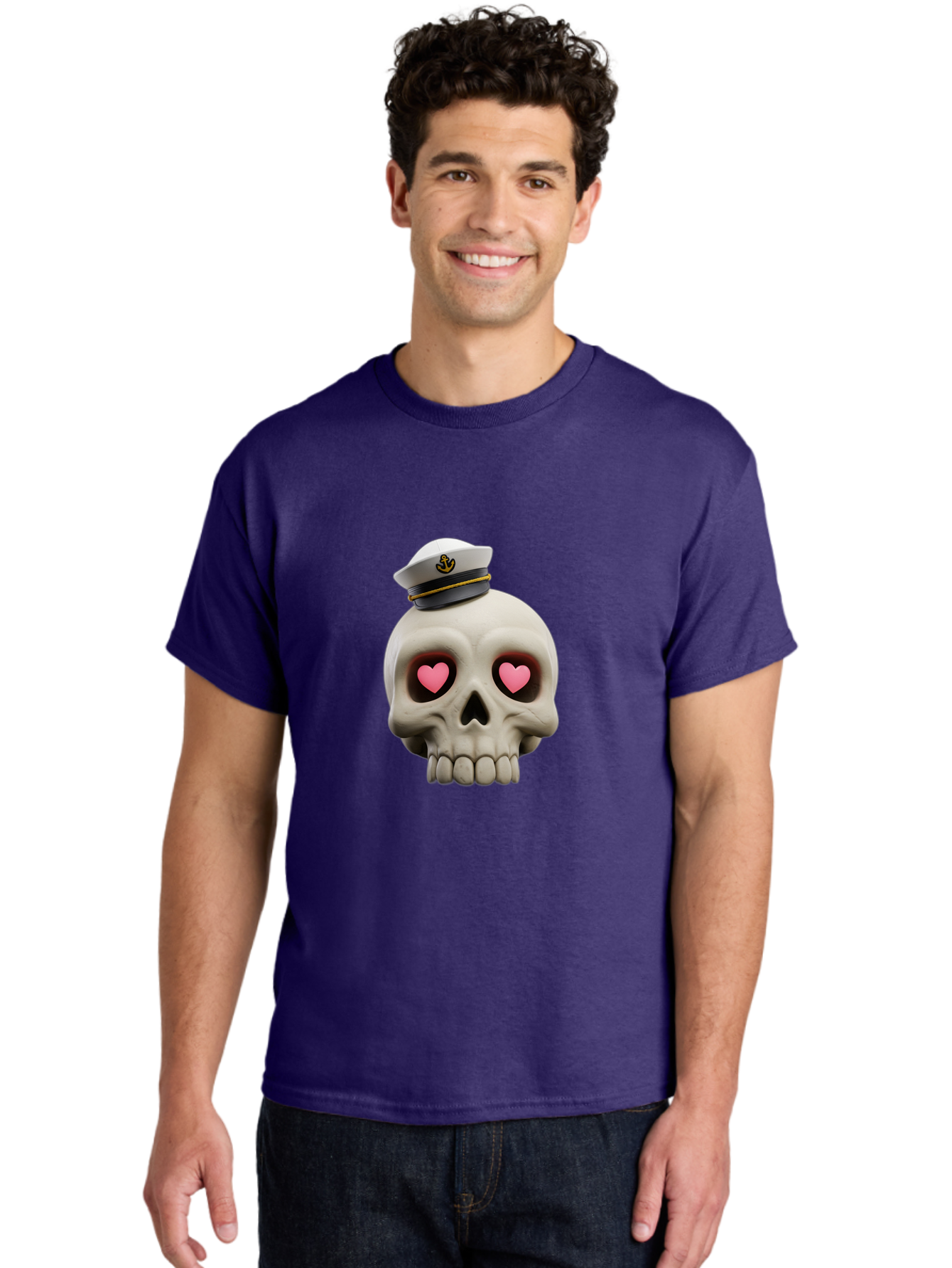 Skull-With-Captain-Hat Men'S Graphic Tee, 100% Cotton, Comfortable Casual Summer Wear, Machine Washable, Skull With Captain Hat, Heart Eyes, Nautical Theme, Halloween, Sugar Skull, Love, Pirate, Skull Art, Gothic, Skull Design Bae279