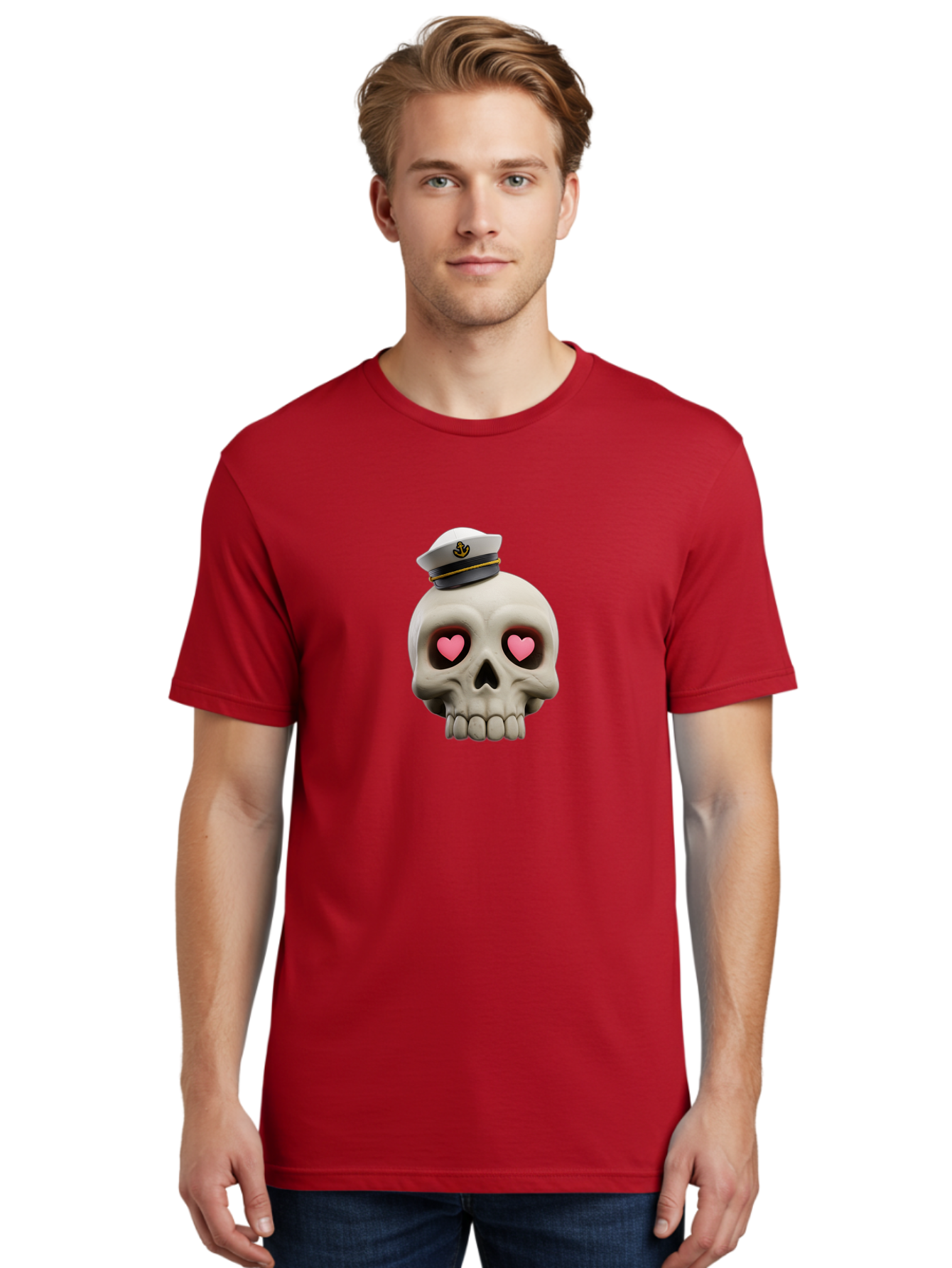 Skull-With-Captain-Hat Men'S Graphic Tee, 100% Cotton, Comfortable Casual Summer Wear, Machine Washable, Skull With Captain Hat, Heart Eyes, Nautical Theme, Halloween, Sugar Skull, Love, Pirate, Skull Art, Gothic, Skull Design Bae279