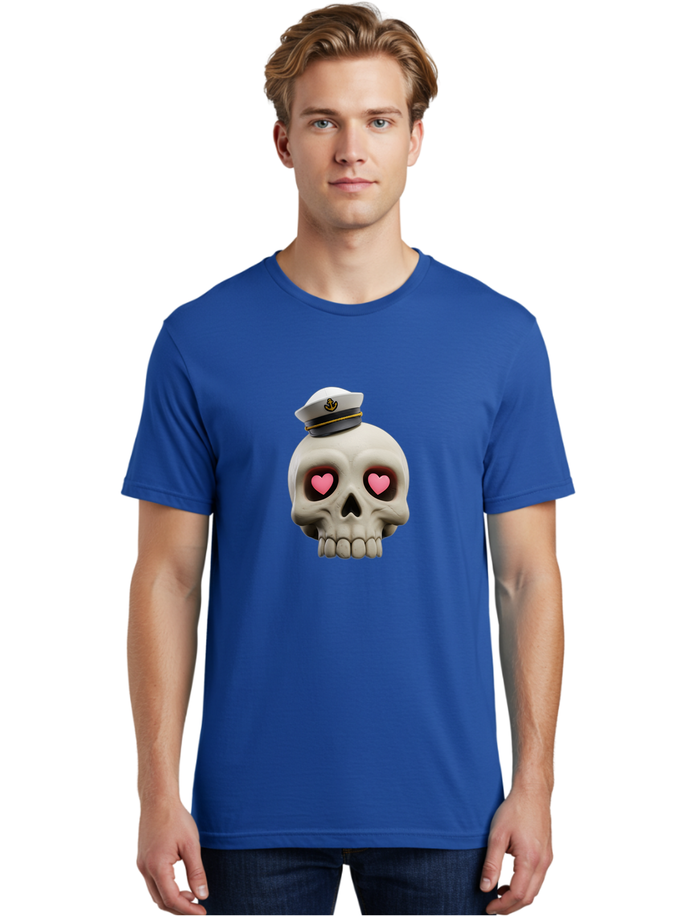 Skull-With-Captain-Hat Men'S Graphic Tee, 100% Cotton, Comfortable Casual Summer Wear, Machine Washable, Skull With Captain Hat, Heart Eyes, Nautical Theme, Halloween, Sugar Skull, Love, Pirate, Skull Art, Gothic, Skull Design Bae279