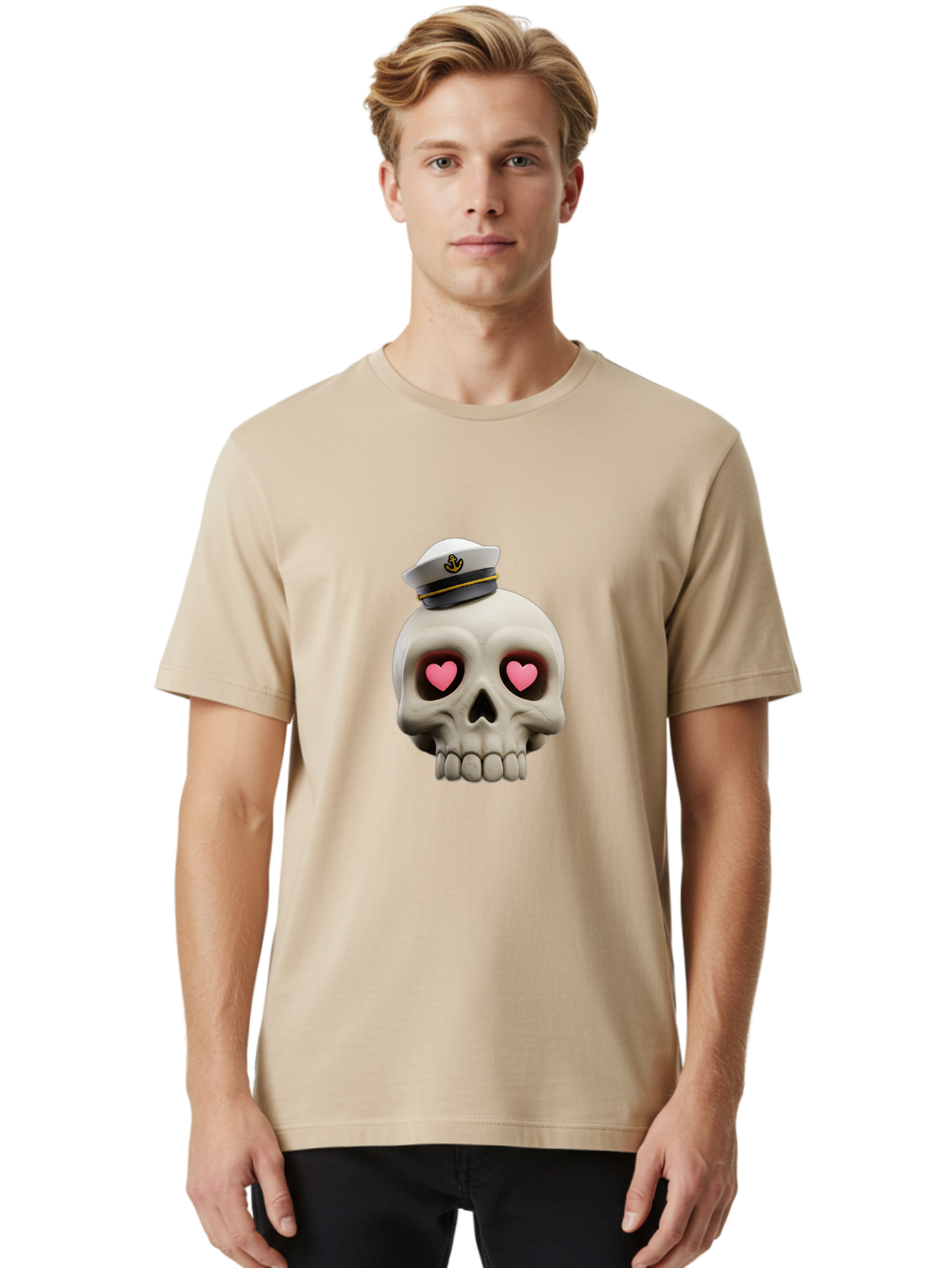 Skull-With-Captain-Hat Men'S Graphic Tee, 100% Cotton, Comfortable Casual Summer Wear, Machine Washable, Skull With Captain Hat, Heart Eyes, Nautical Theme, Halloween, Sugar Skull, Love, Pirate, Skull Art, Gothic, Skull Design Bae279