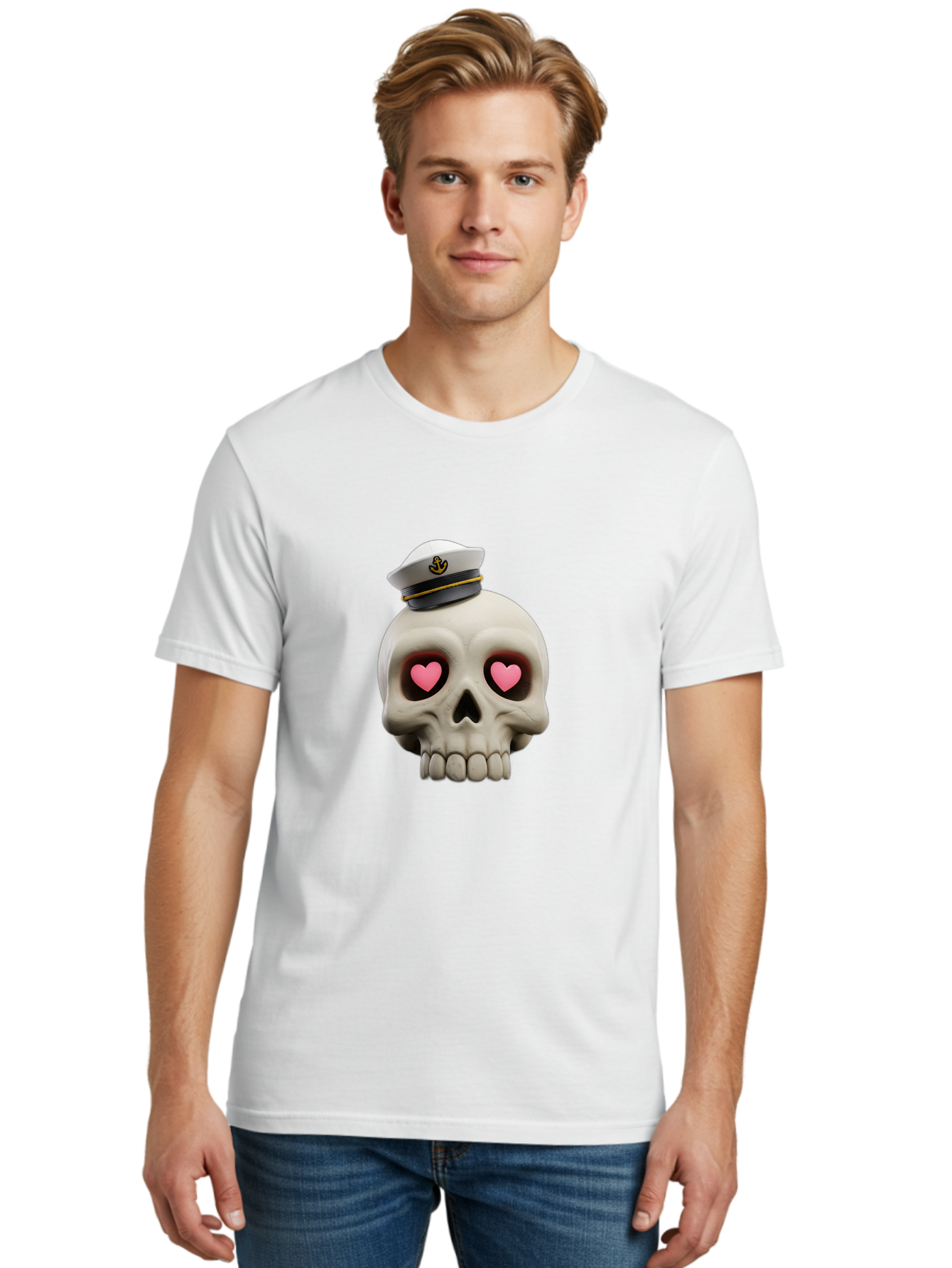 Skull-With-Captain-Hat Men'S Graphic Tee, 100% Cotton, Comfortable Casual Summer Wear, Machine Washable, Skull With Captain Hat, Heart Eyes, Nautical Theme, Halloween, Sugar Skull, Love, Pirate, Skull Art, Gothic, Skull Design Bae279