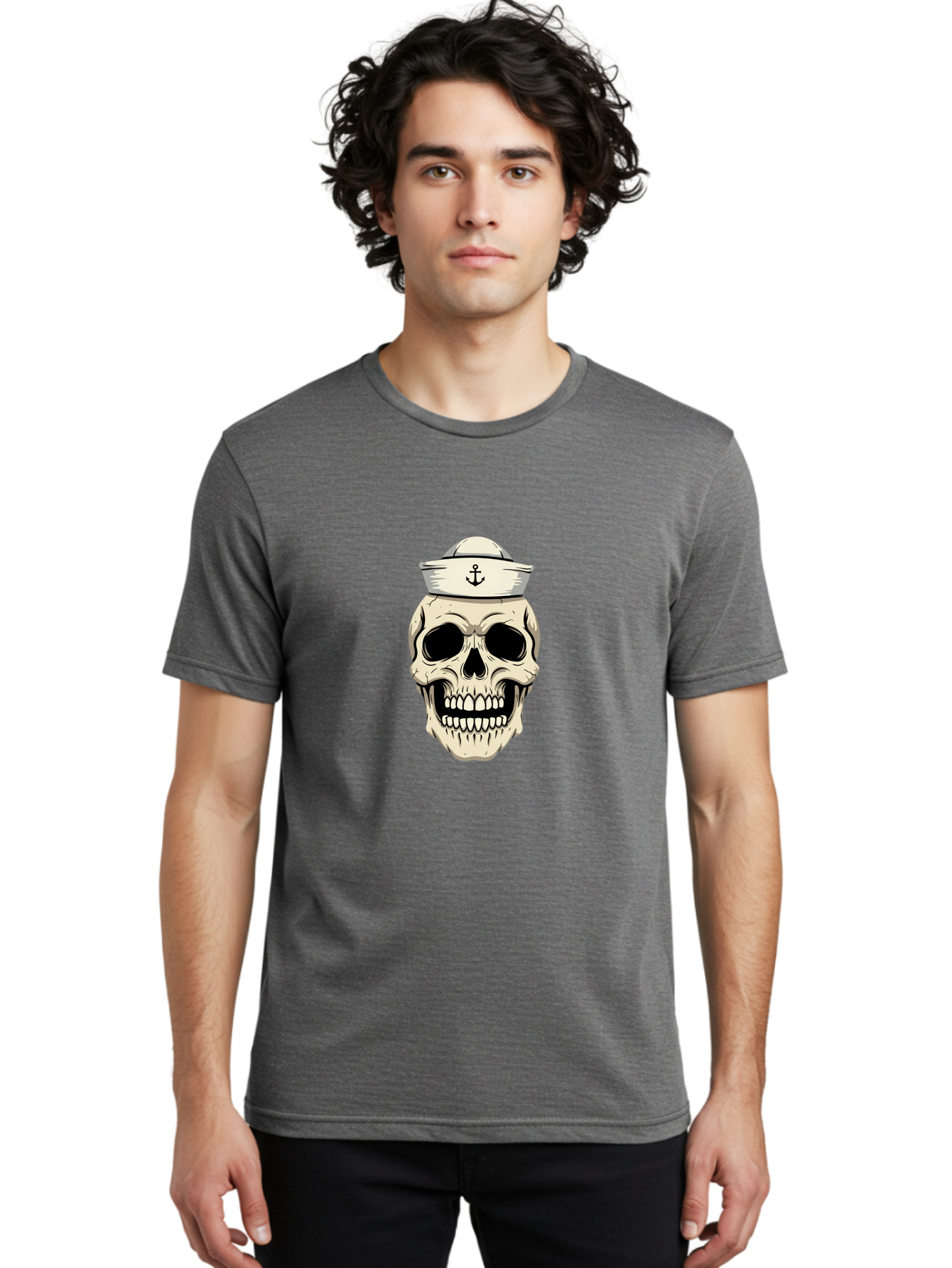 Skull-With-Sailor-Hat-1 Men'S Graphic Tee, 100% Cotton, Comfortable Casual Summer Wear, Machine Washable, Sailor Skull, Anchor Hat, Skull Art, Nautical Theme, Vintage Illustration, Pirate Symbol, Gothic Style, Sailor Hat, Anchor Emblem, Bae280