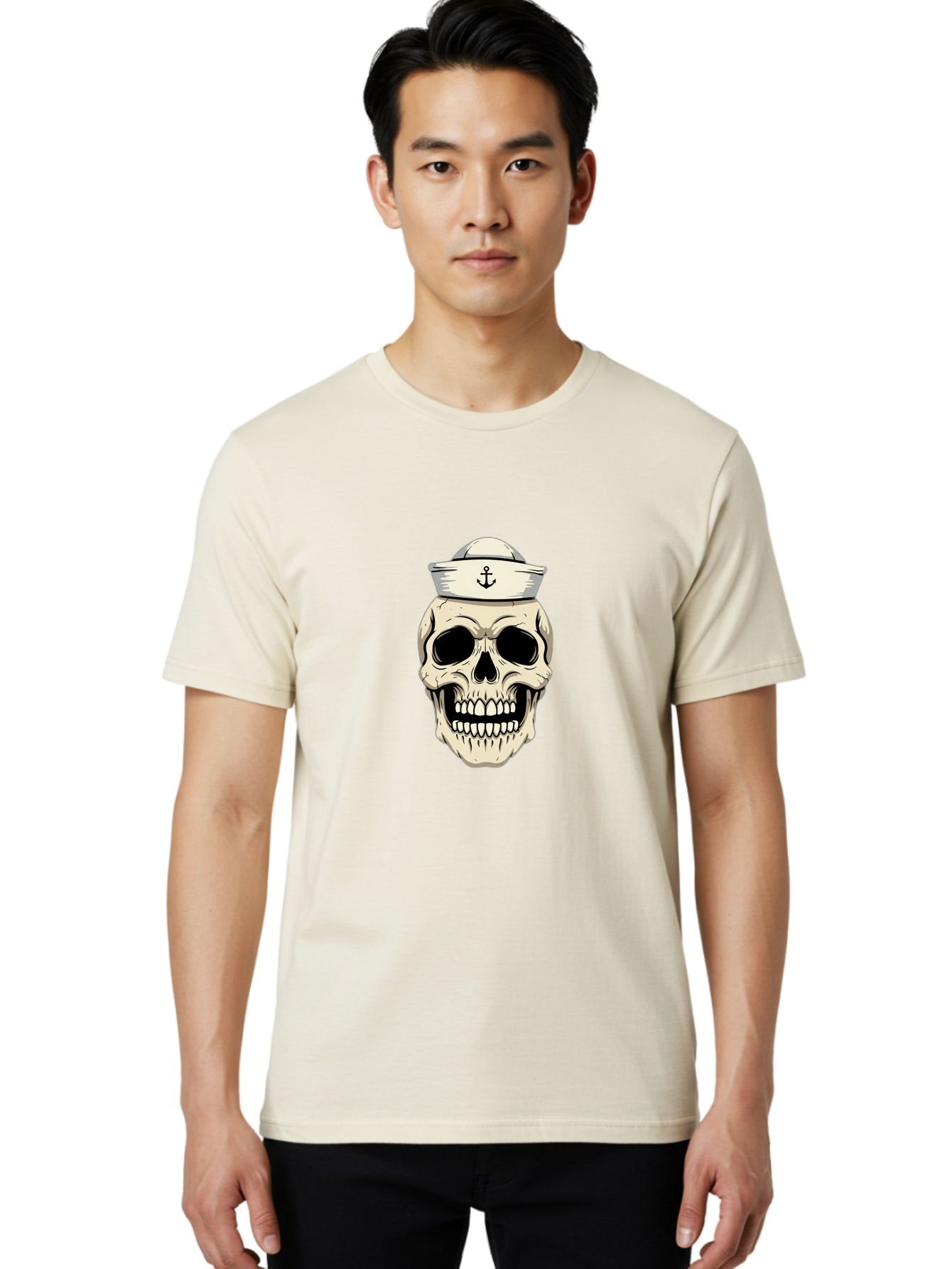 Skull-With-Sailor-Hat-1 Men'S Graphic Tee, 100% Cotton, Comfortable Casual Summer Wear, Machine Washable, Sailor Skull, Anchor Hat, Skull Art, Nautical Theme, Vintage Illustration, Pirate Symbol, Gothic Style, Sailor Hat, Anchor Emblem, Bae280