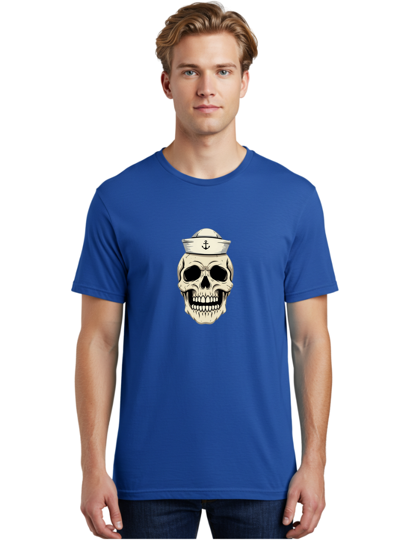 Skull-With-Sailor-Hat-1 Men'S Graphic Tee, 100% Cotton, Comfortable Casual Summer Wear, Machine Washable, Sailor Skull, Anchor Hat, Skull Art, Nautical Theme, Vintage Illustration, Pirate Symbol, Gothic Style, Sailor Hat, Anchor Emblem, Bae280