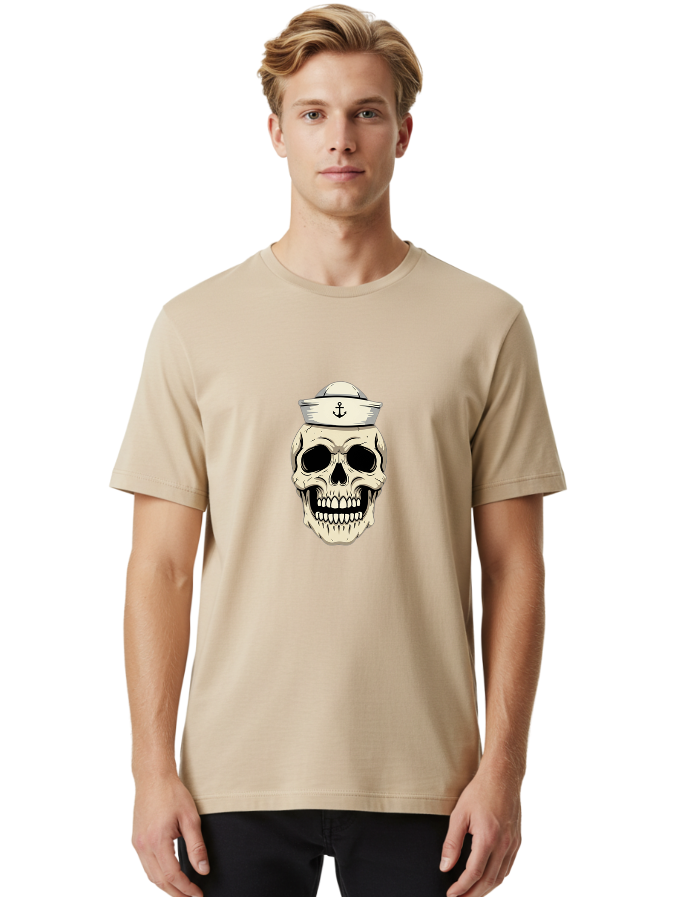 Skull-With-Sailor-Hat-1 Men'S Graphic Tee, 100% Cotton, Comfortable Casual Summer Wear, Machine Washable, Sailor Skull, Anchor Hat, Skull Art, Nautical Theme, Vintage Illustration, Pirate Symbol, Gothic Style, Sailor Hat, Anchor Emblem, Bae280