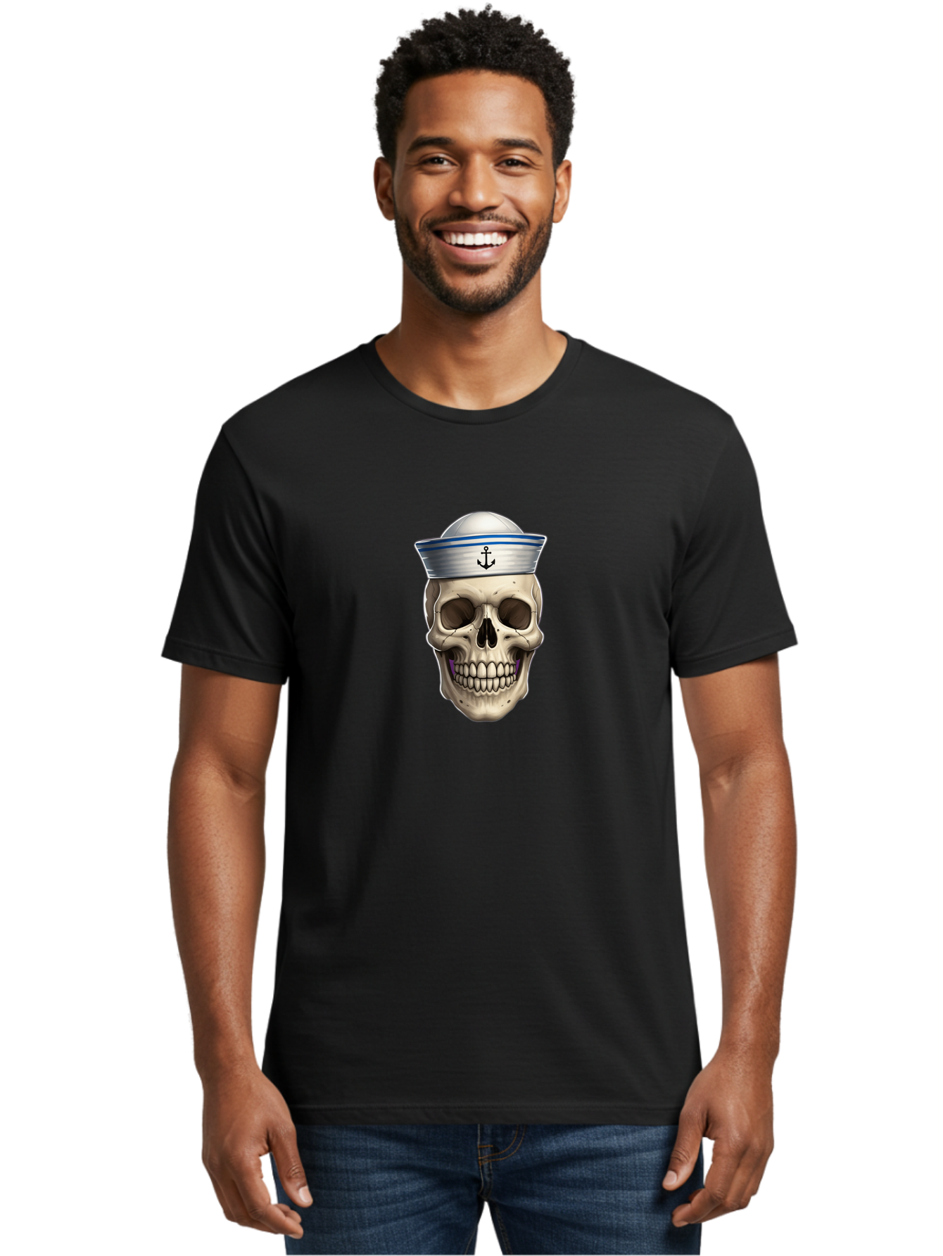 Skull-With-Sailor-Hat Men'S Graphic Tee, 100% Cotton, Comfortable Casual Summer Wear, Machine Washable, Sailor Skull, Human Skull, Sailor Hat, Anchor Symbol, Gothic Style, Grunge Aesthetic, Edgy Design, Bold Illustration Bae281
