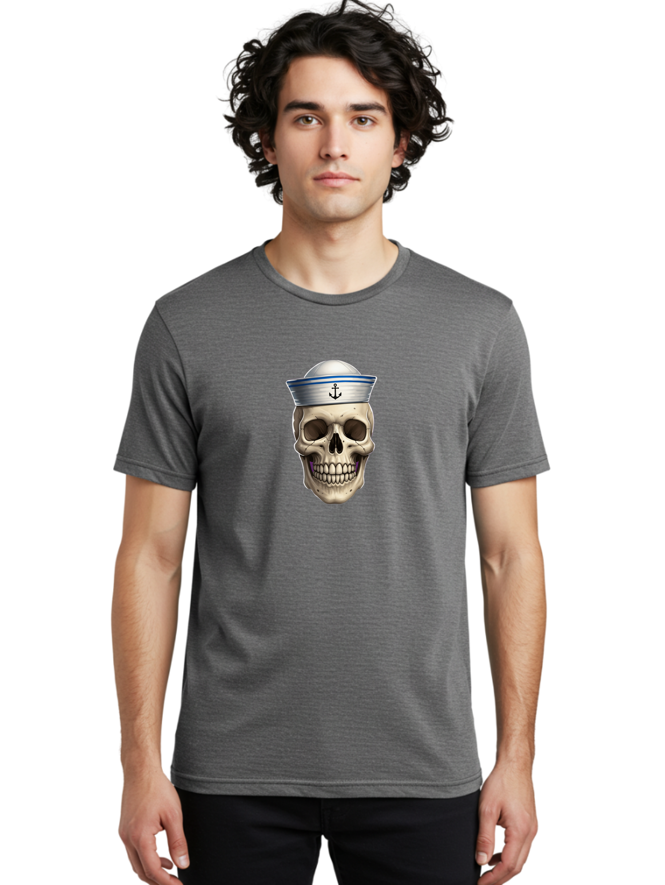 Skull-With-Sailor-Hat Men'S Graphic Tee, 100% Cotton, Comfortable Casual Summer Wear, Machine Washable, Sailor Skull, Human Skull, Sailor Hat, Anchor Symbol, Gothic Style, Grunge Aesthetic, Edgy Design, Bold Illustration Bae281