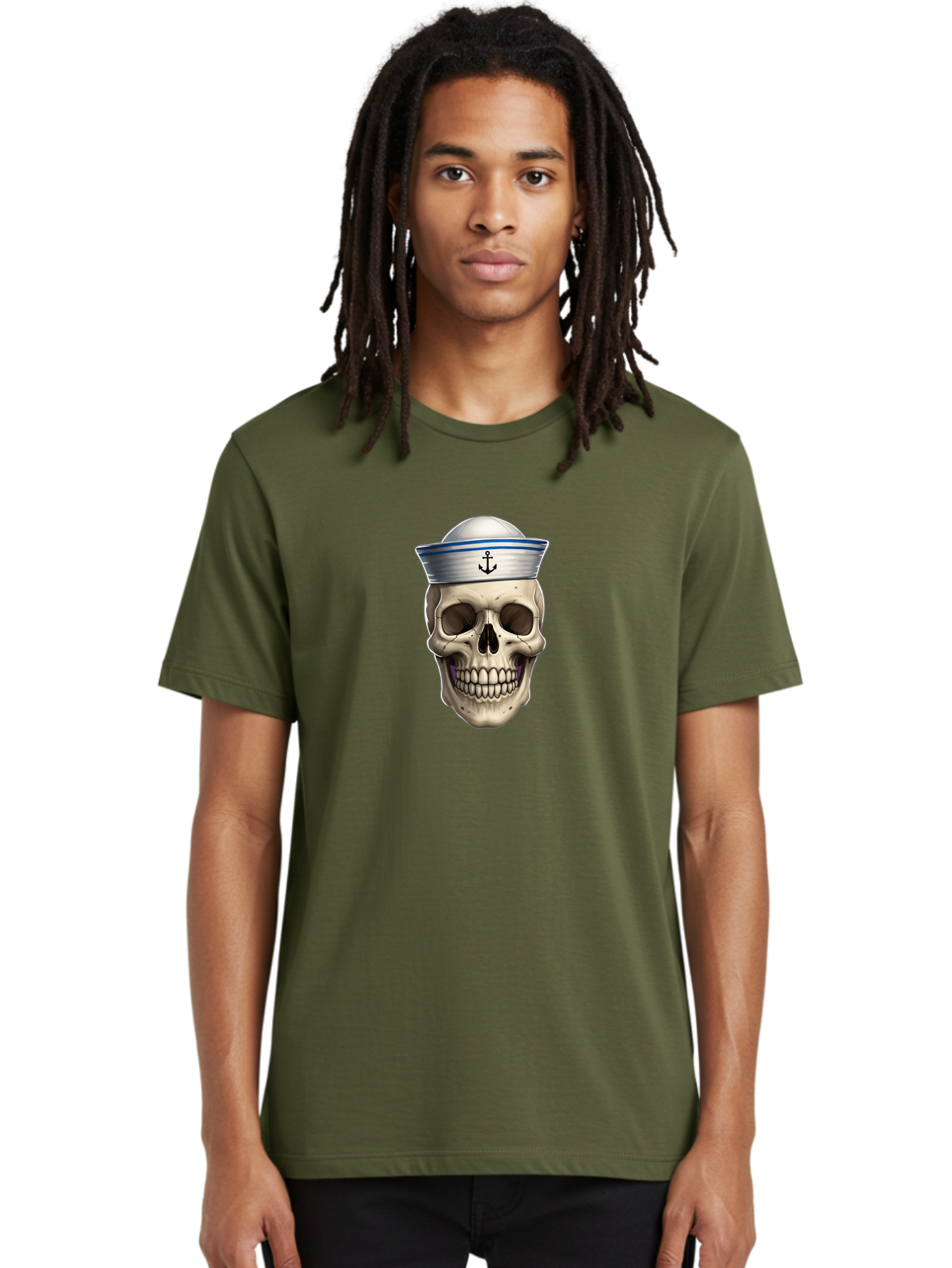 Skull-With-Sailor-Hat Men'S Graphic Tee, 100% Cotton, Comfortable Casual Summer Wear, Machine Washable, Sailor Skull, Human Skull, Sailor Hat, Anchor Symbol, Gothic Style, Grunge Aesthetic, Edgy Design, Bold Illustration Bae281